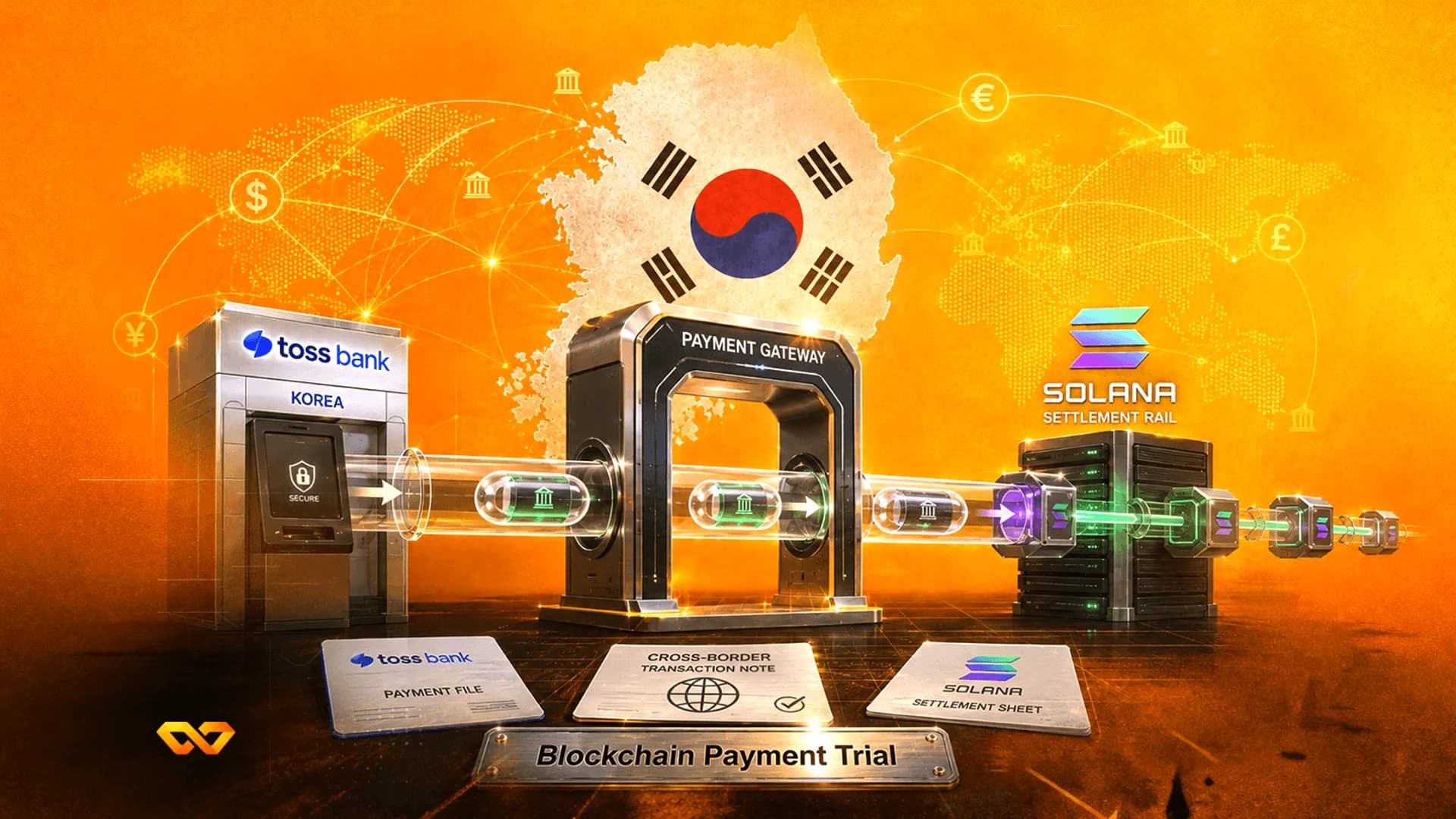 رسم توضيحي رقمي لتدفق مدفوعات عبر الحدود من بنك Toss إلى Solana، يظهر فيه علم كوريا الجنوبية.