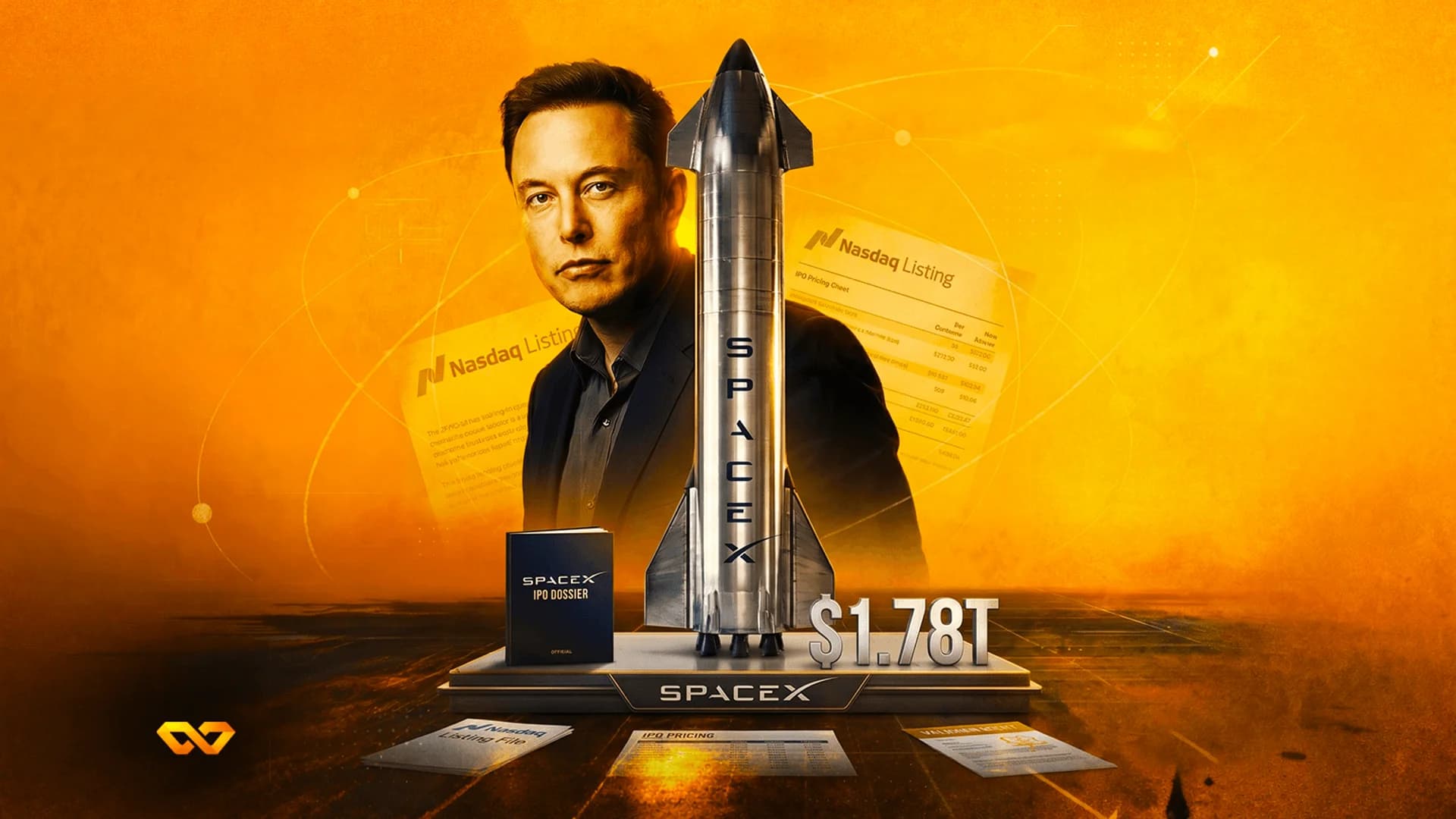 إيلون ماسك بجانب صاروخ سبيس إكس ووثائق إدراج في ناسداك مع رقم تقييم 1.78 تريليون دولار.