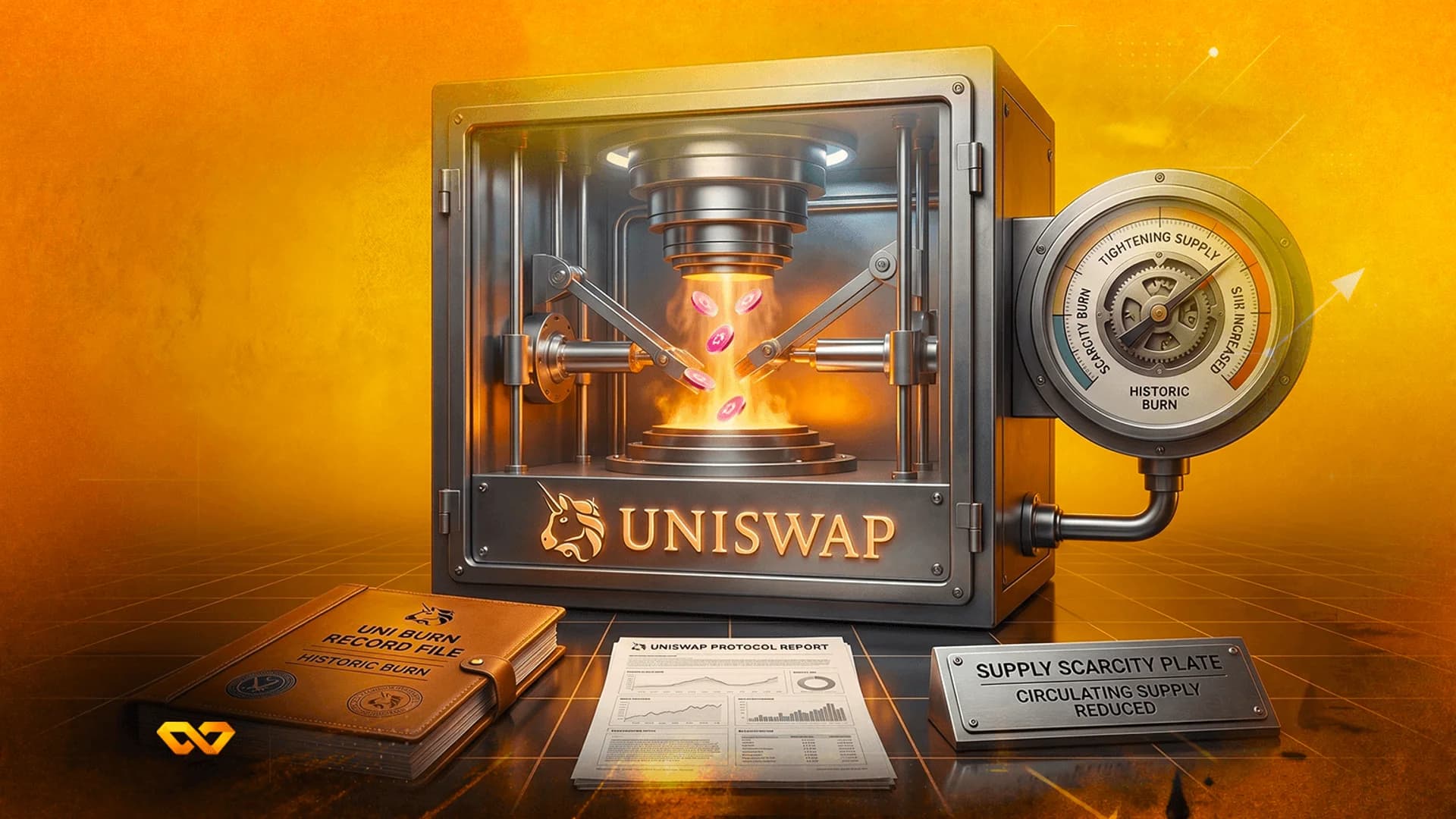 خزنة معدنية تحمل شعار Uniswap تحرق عملات وردية، بجانبها مقياس وكتاب سجل جلدي.