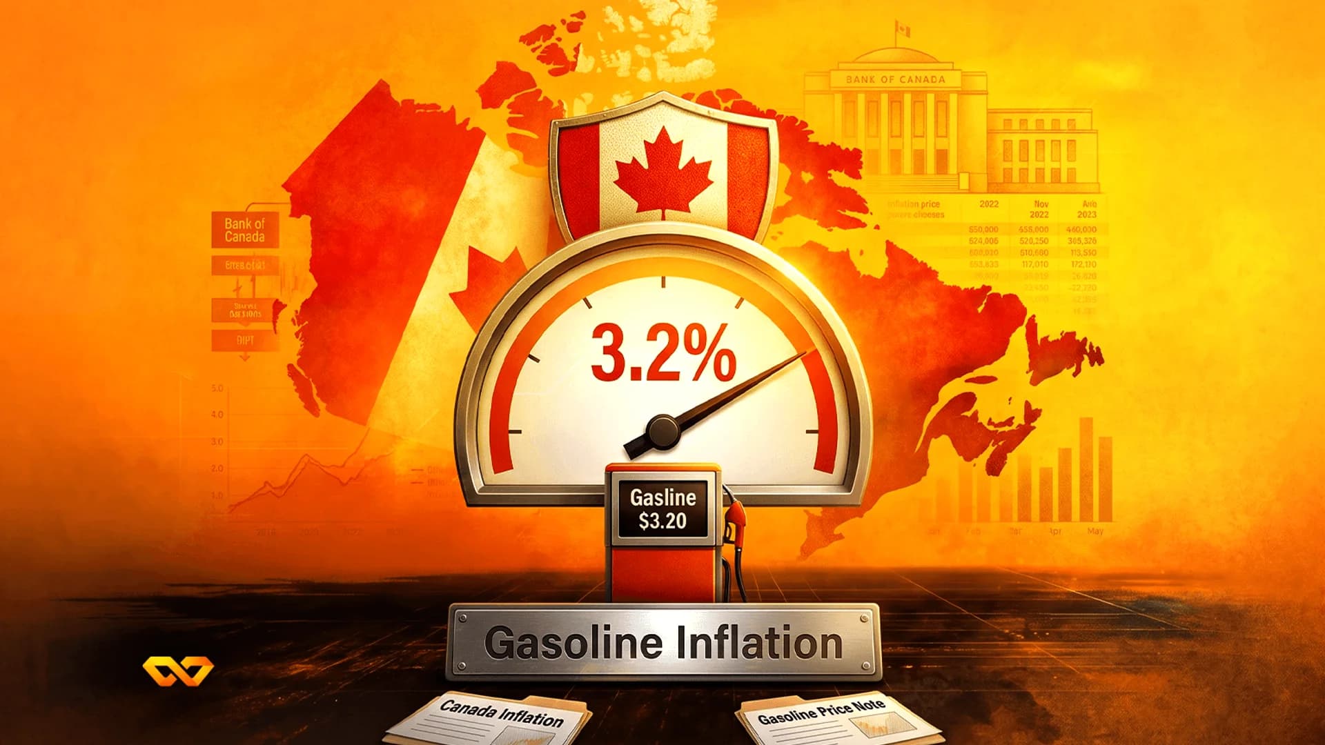 رسم توضيحي لمقياس يشير إلى 3.2% فوق مضخة وقود، مع خريطة كندا وعلمها ومبنى بنك كندا في الخلفية.