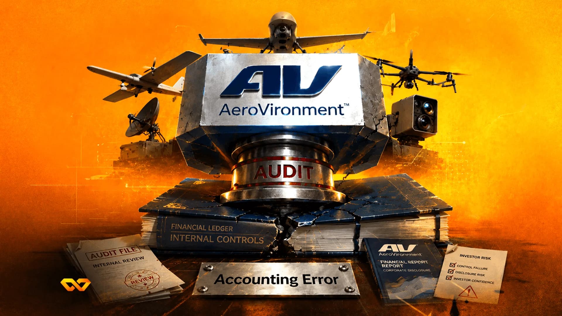 شعار شركة AeroVironment على ختم معدني يسحق دفتر الأستاذ المالي، محاطاً بطائرات بدون طيار على خلفية برتقالية.