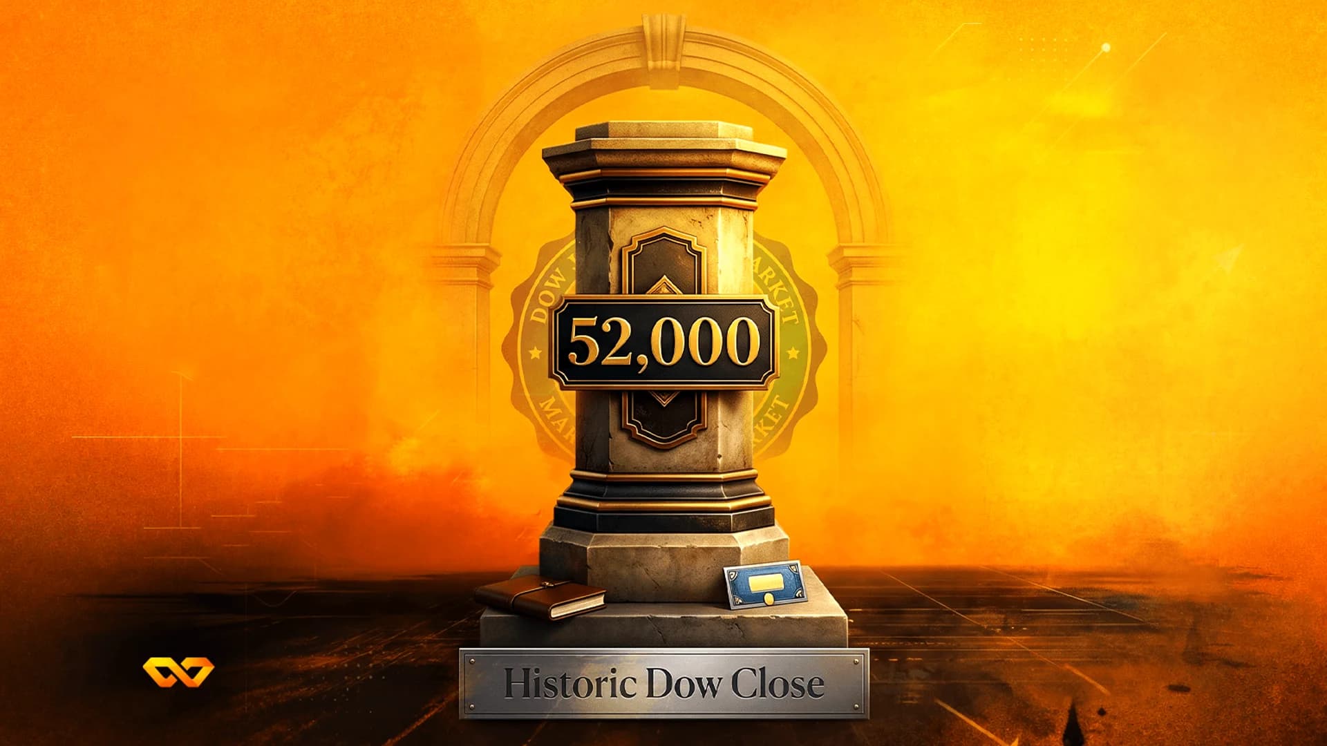قاعدة حجرية تحمل لوحة '52,000' وقاعدة مكتوب عليها 'Historic Dow Close' على خلفية برتقالية.