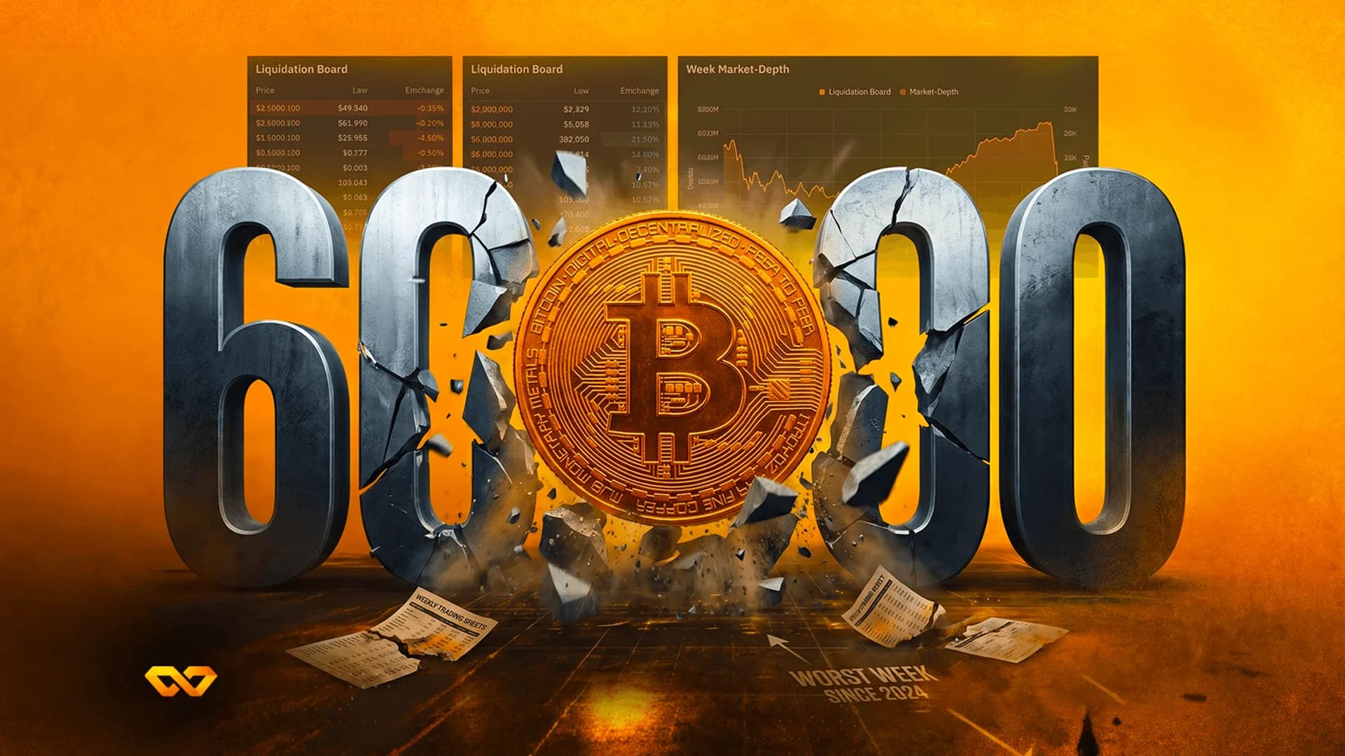 عملة بيتكوين ذهبية تخترق أرقاماً معدنية ثلاثية الأبعاد '60000' متصدعة على خلفية برتقالية مع رسوم بيانية.