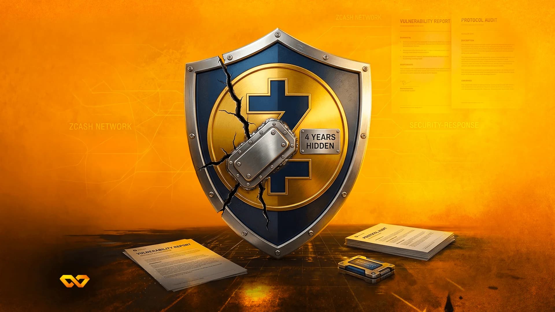 درع أزرق وفضي متصدع يحمل شعار زي كاش الذهبي، محاط بتقارير أمنية على خلفية برتقالية.