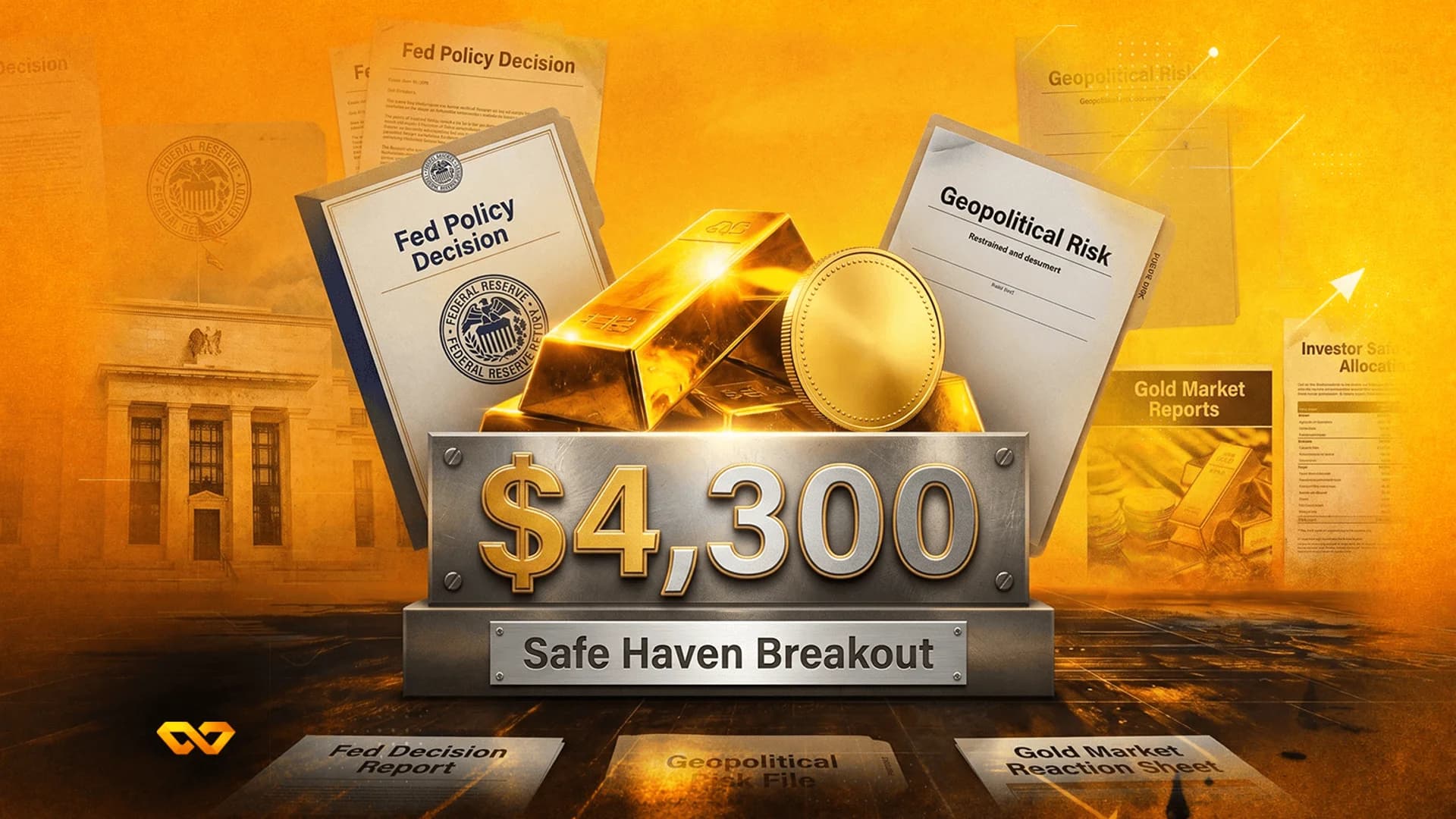 سبائك وعملة ذهبية خلف لافتة معدنية مكتوب عليها $4,300 Safe Haven Breakout وسط وثائق مالية.