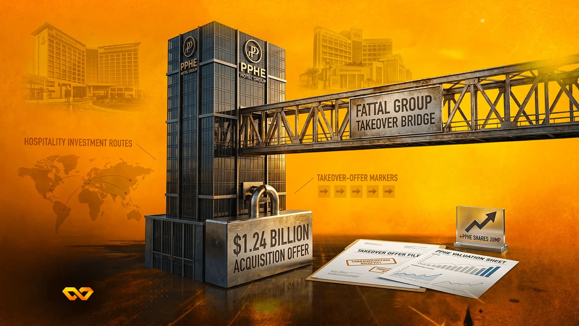 مبنى فندقي يحمل شعار PPHE، وجسر مكتوب عليه Fattal Group، وقفل يمثل عرض استحواذ بقيمة 1.24 مليار دولار.