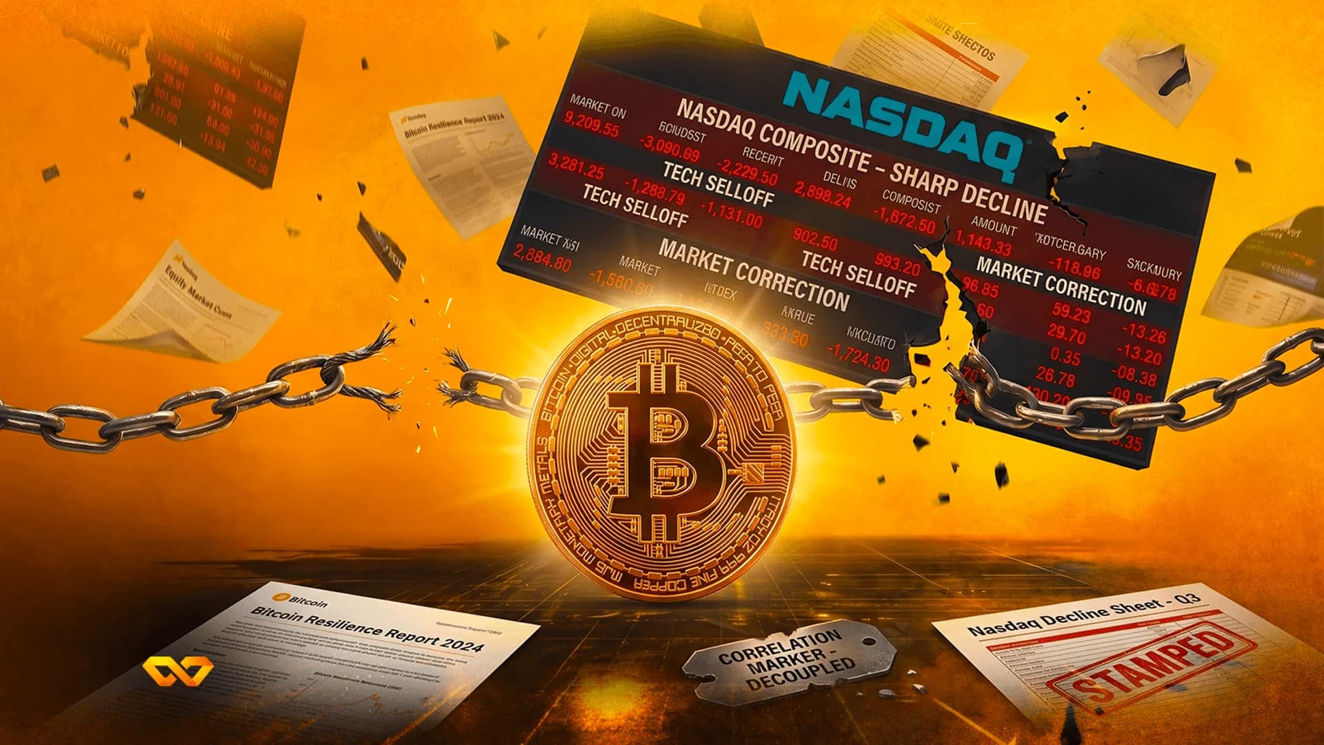 عملة بيتكوين ذهبية تكسر سلسلة معدنية أمام شاشة عرض بورصة ناسداك محطمة على خلفية برتقالية.