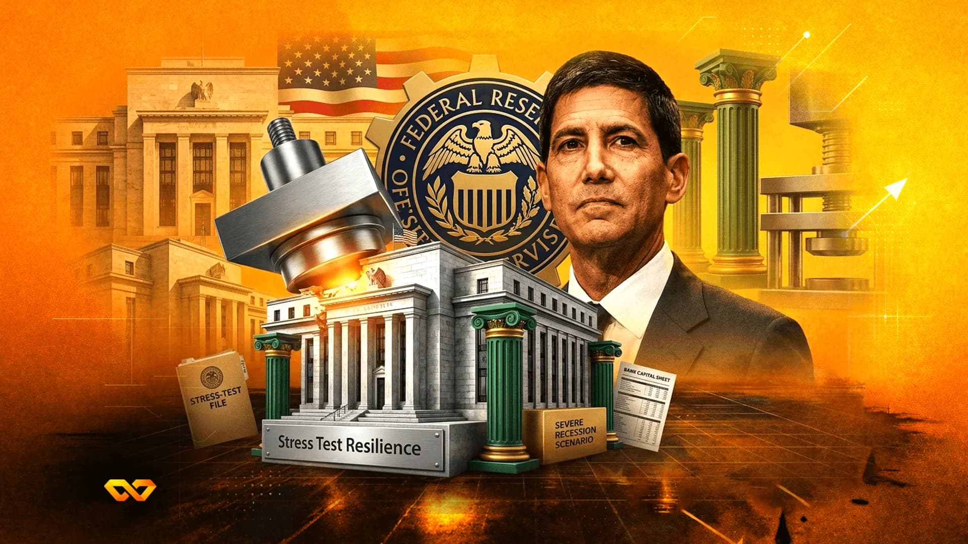 كولاج يضم مايكل بار، وختم الاحتياطي الفيدرالي، وعلم أمريكا، ومكبسًا يسحق مبنى بنك صغير.