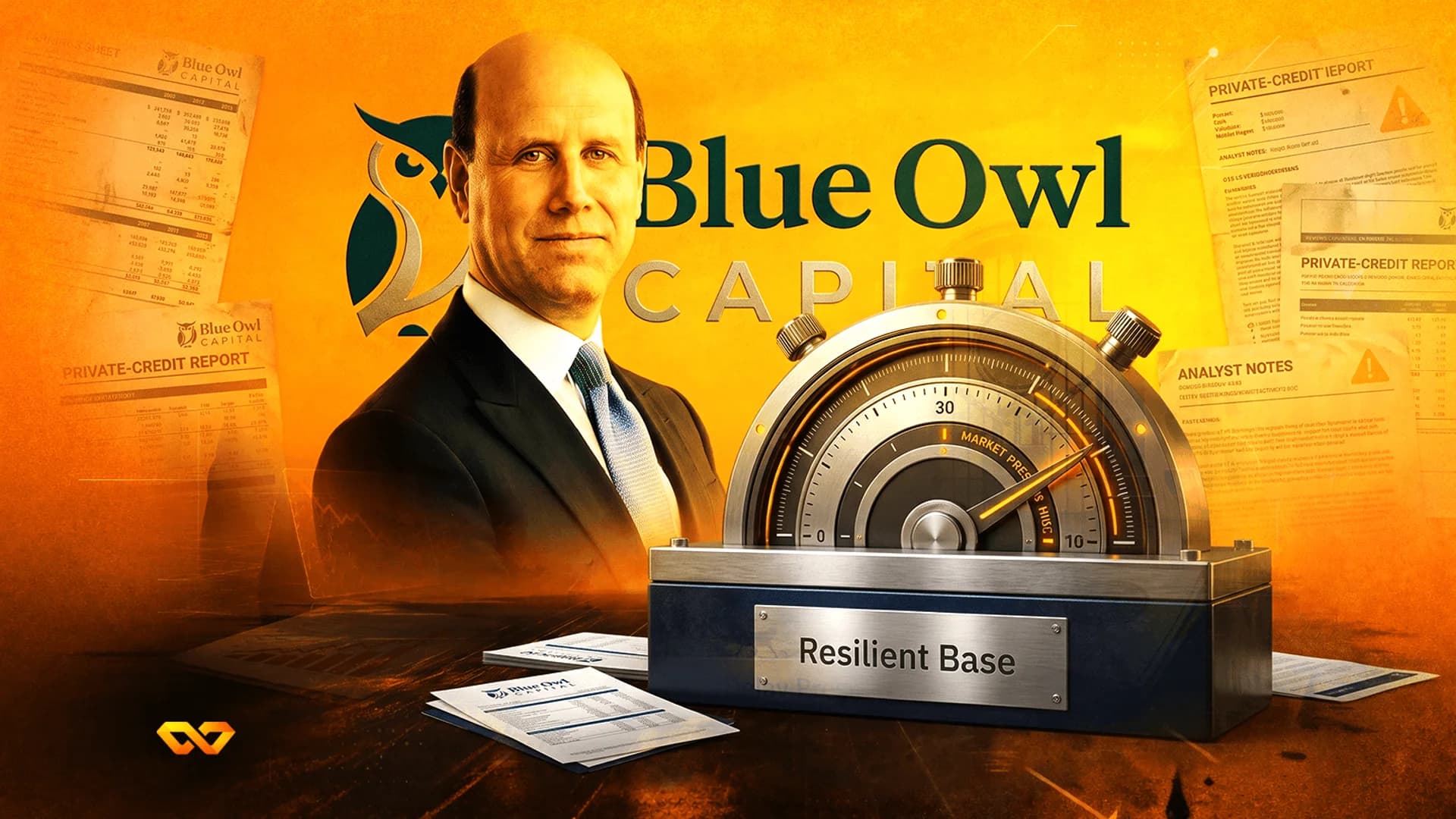 صورة لرجل ببدلة بجانب شعار Blue Owl Capital، مع تقارير مالية ومقياس ضغط يحمل عبارة Resilient Base.