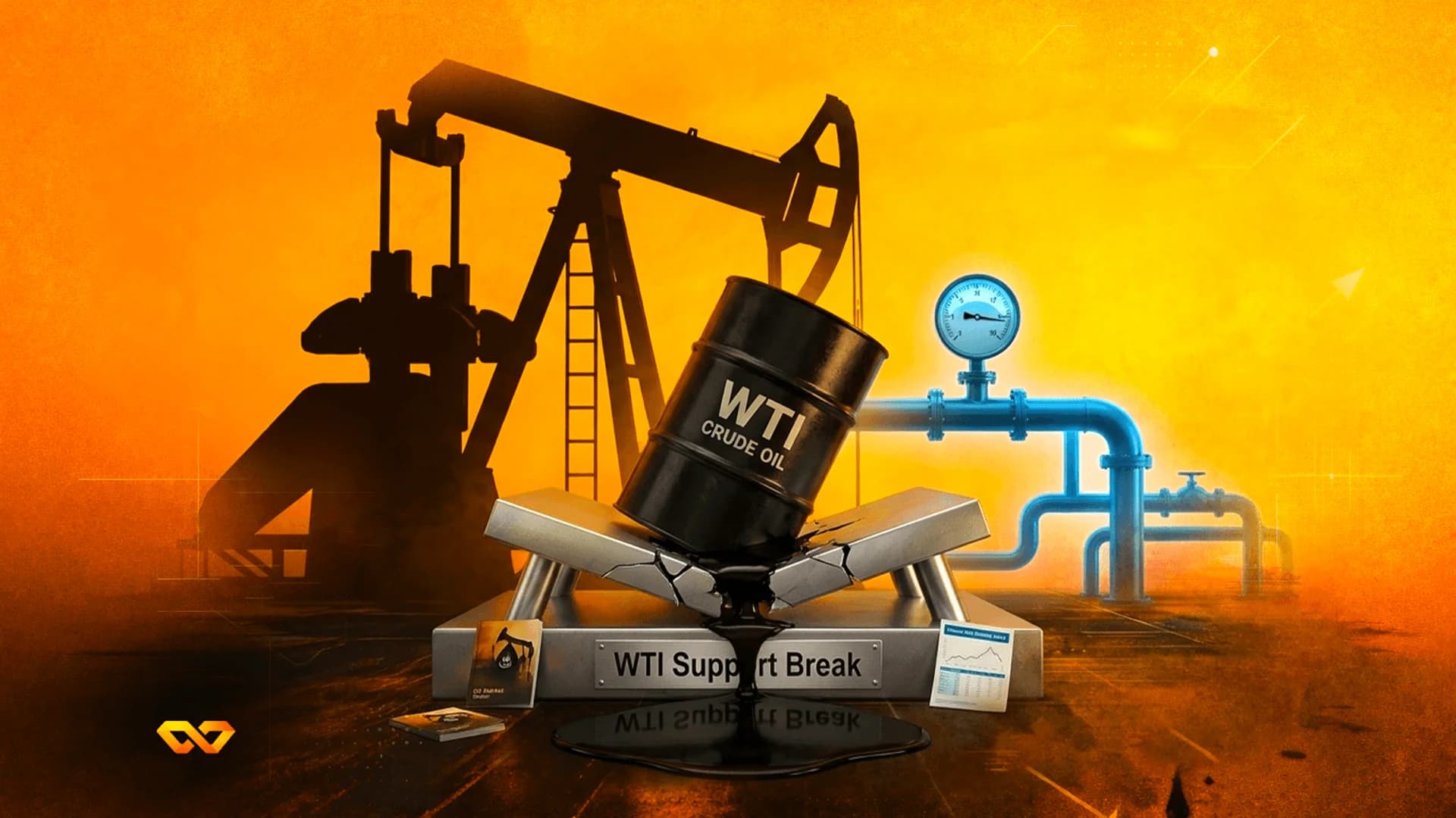 برميل نفط خام WTI يحطم منصة معدنية مكتوب عليها 'WTI Support Break' على خلفية حقل نفط برتقالية.