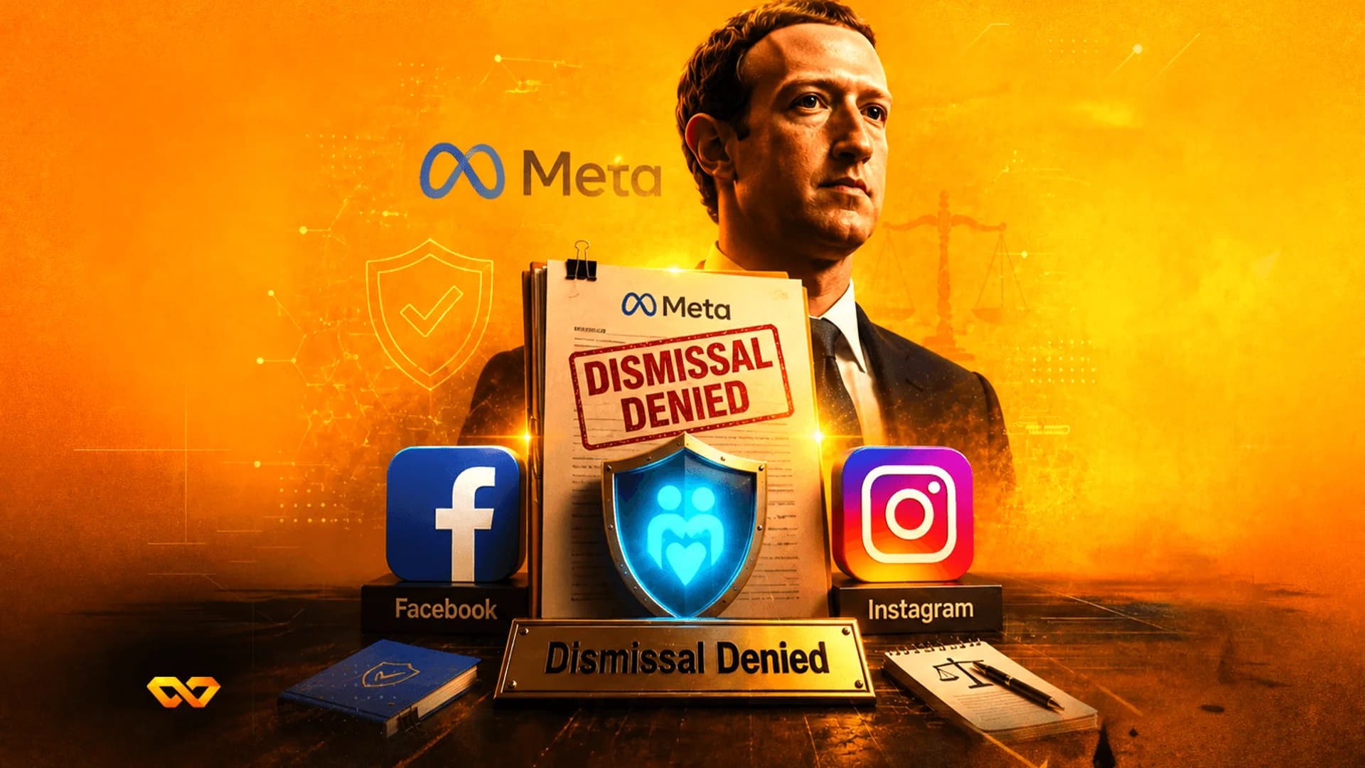 صورة لمارك زوكربيرج خلف وثيقة مختومة بعبارة 'رُفض الفصل' مع شعارات ميتا وفيسبوك وإنستغرام.