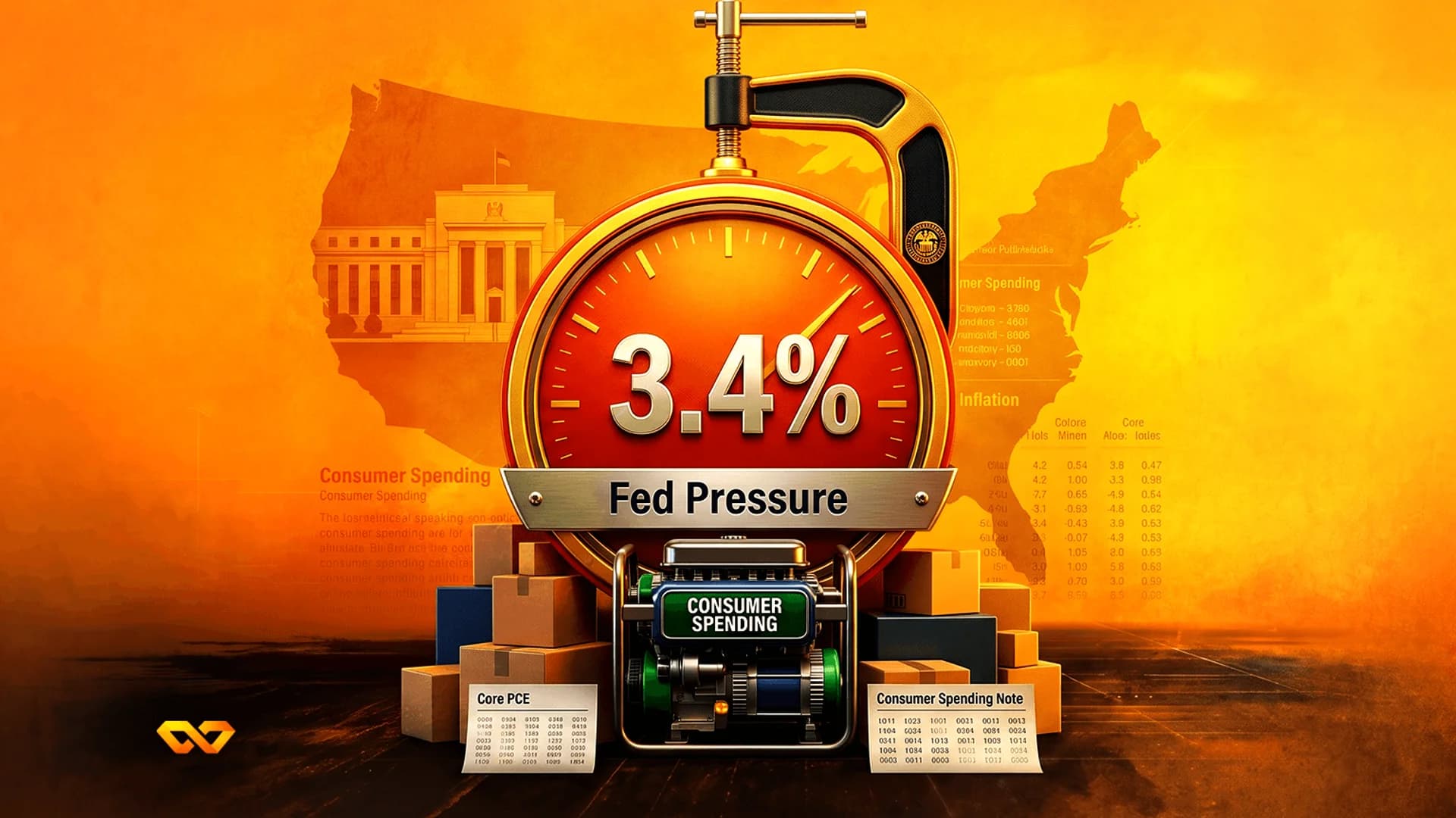 مقياس يعرض 3.4% يمسكه مشبك مكتوب عليه ضغط الفيدرالي، مع خريطة الولايات المتحدة ومبنى الاحتياطي الفيدرالي في الخلفية.