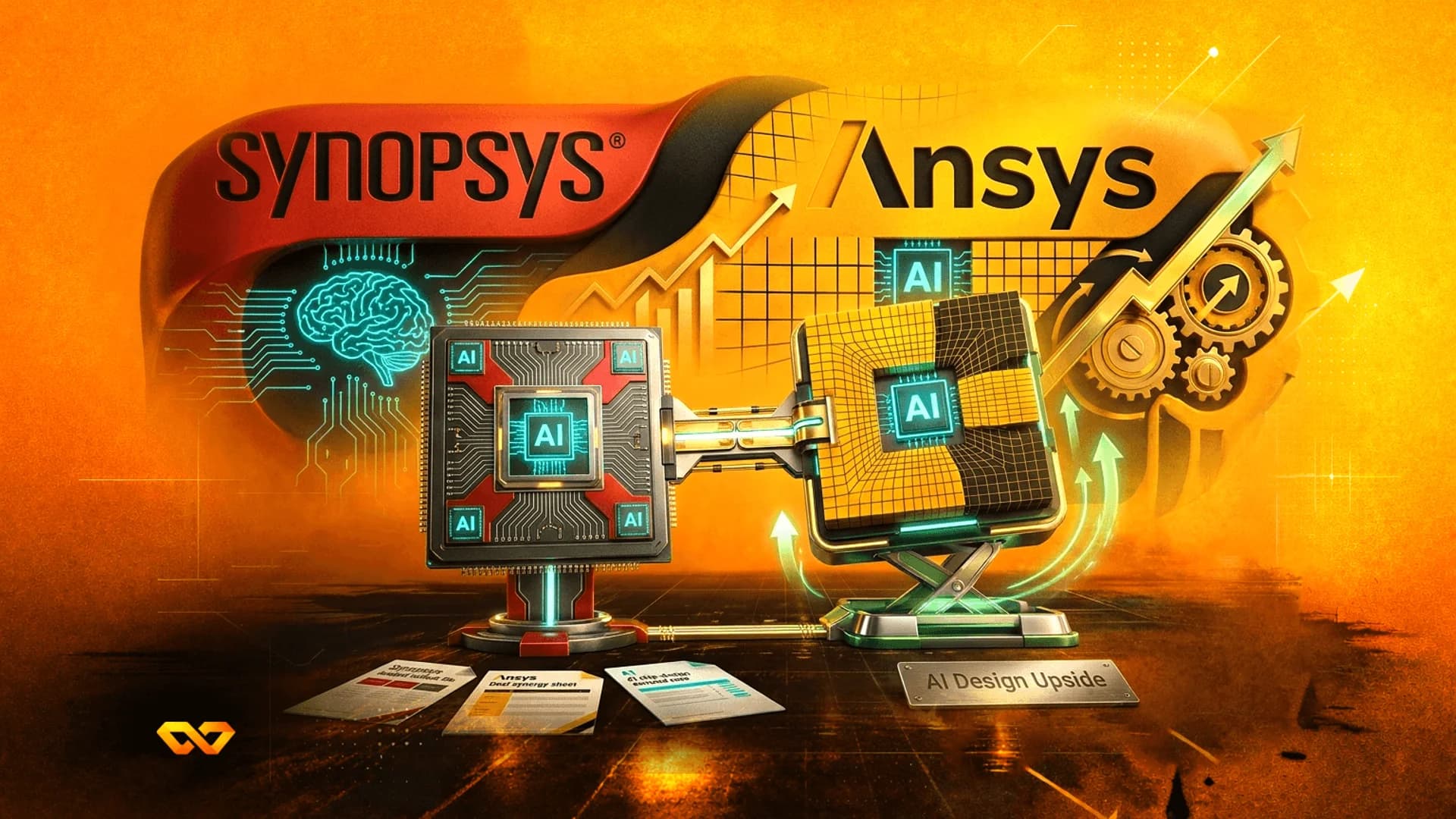 رسم توضيحي رقمي لشعاري Synopsys وAnsys مع شرائح ذكاء اصطناعي وتروس وأسهم صاعدة على خلفية برتقالية.