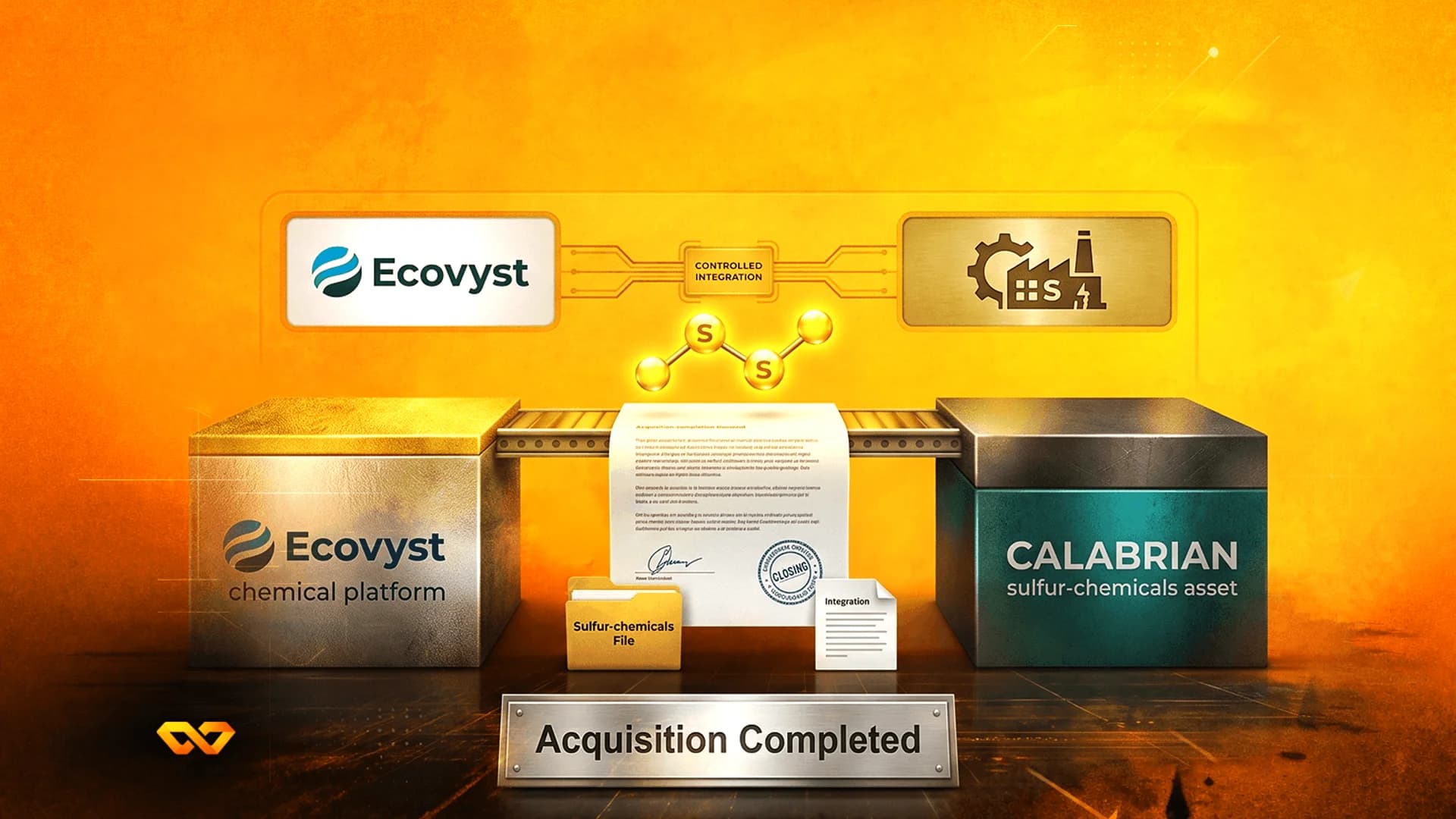رسم توضيحي لاستحواذ شركة Ecovyst على أصول شركة Calabrian للكبريت مع وثيقة إغلاق موقعة على خلفية صفراء.
