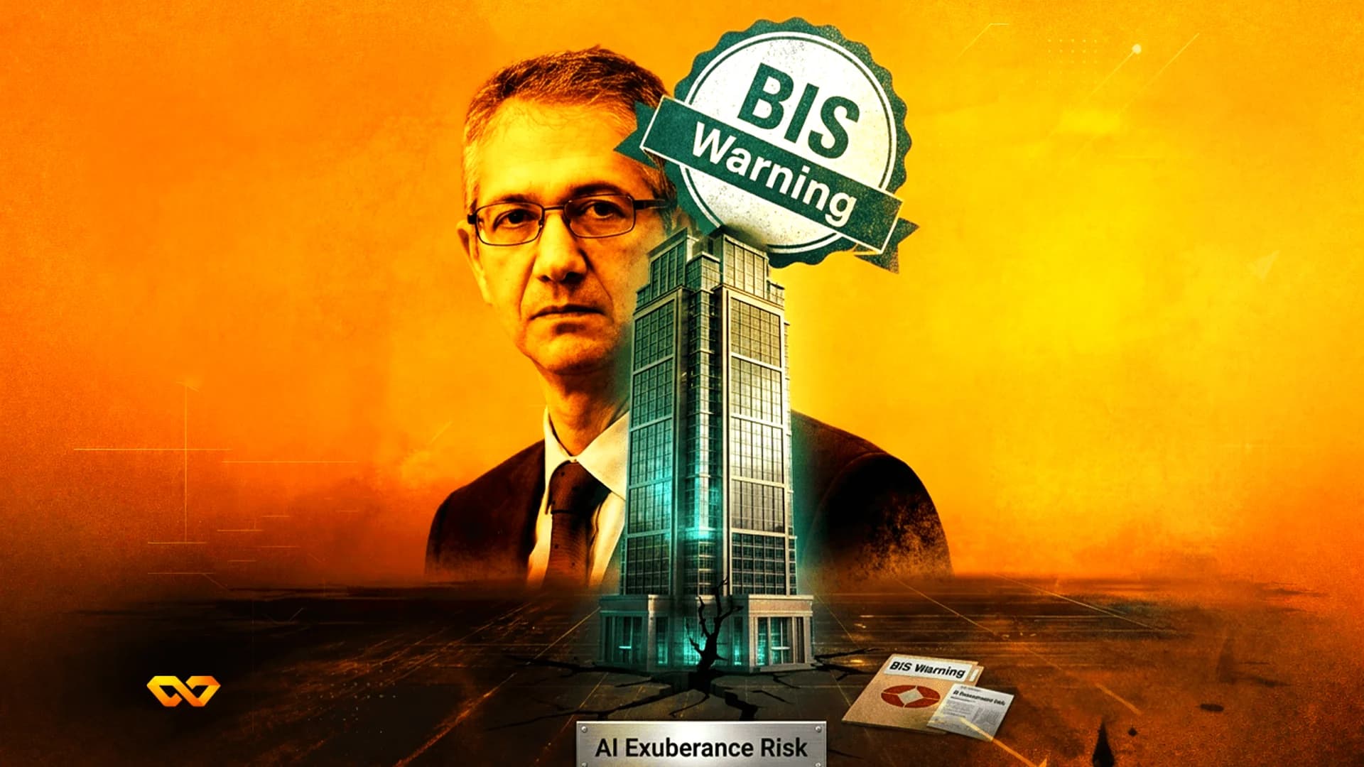 صورة لرجل خلف ناطحة سحاب على أرض متصدعة مع ختم 'BIS Warning' ولوحة 'AI Exuberance Risk'.