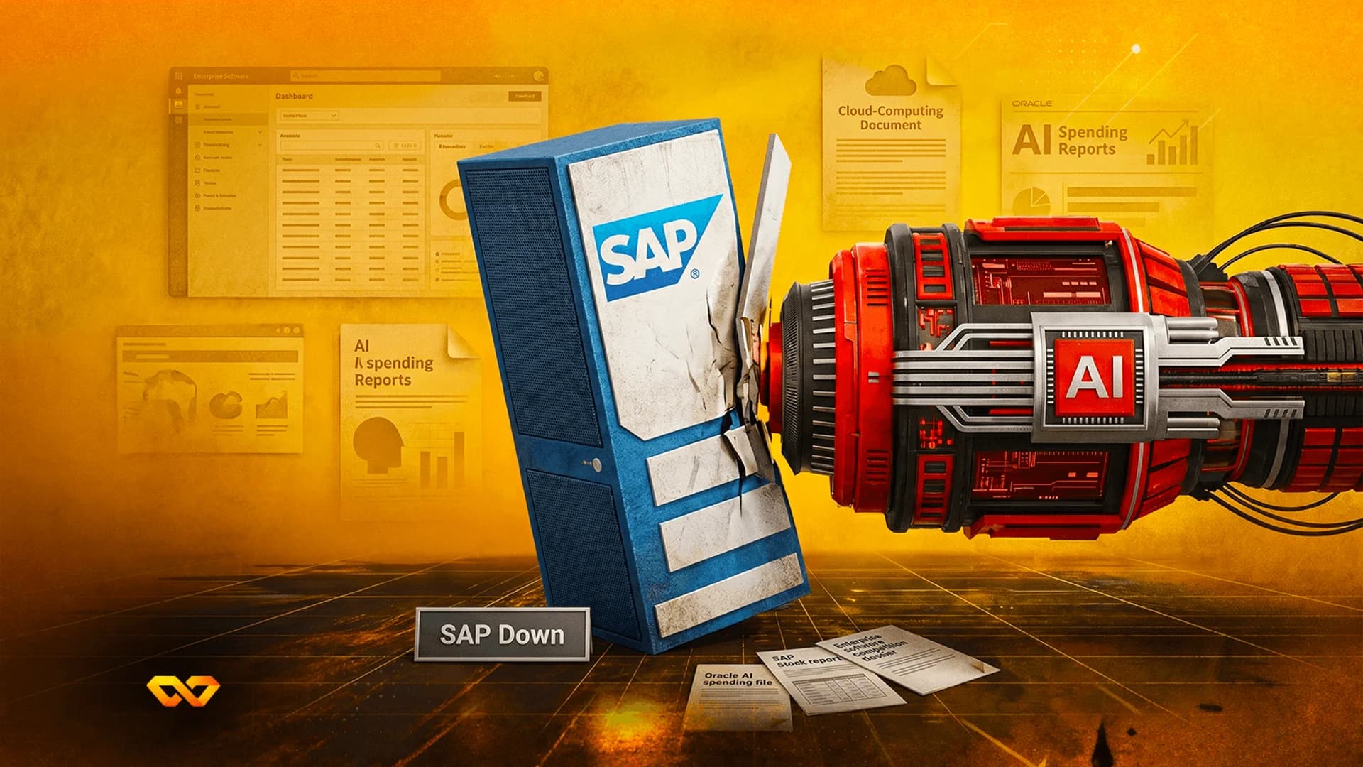 ذراع آلي أحمر يحمل شعار AI يصطدم ببرج خادم أزرق يحمل شعار SAP.