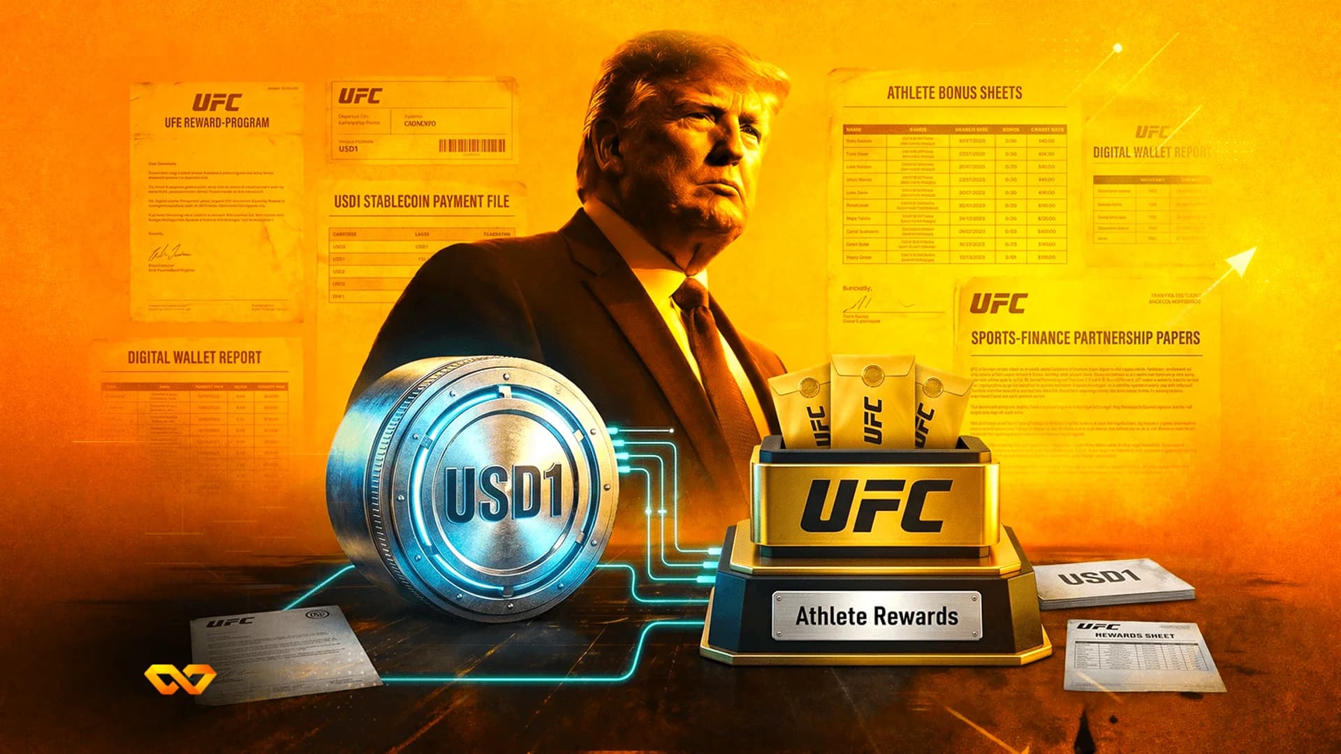 صورة لدونالد ترامب محاطة بوثائق مالية لـ UFC وعملة USD1 فضية كبيرة على خلفية برتقالية متوهجة.