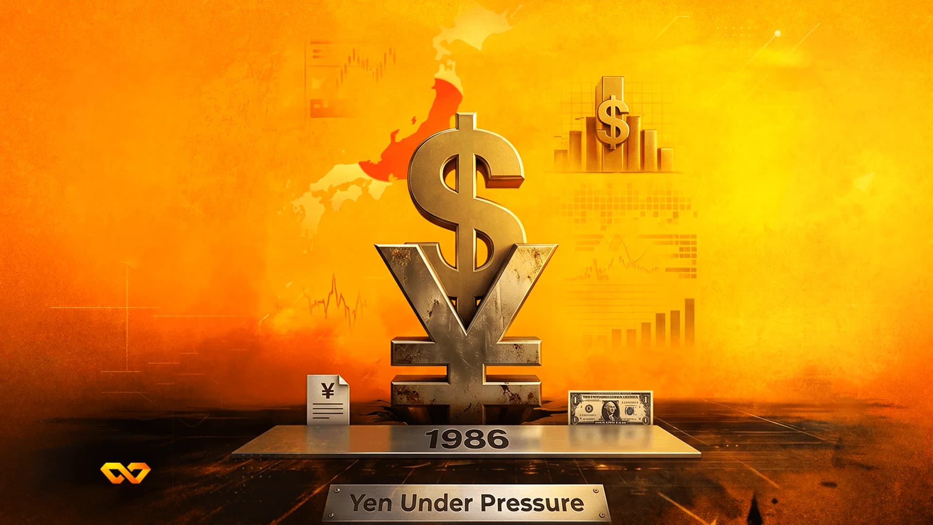 علامة دولار كبيرة تضغط على رمز ين متصدع فوق منصة مكتوب عليها 1986 على خلفية برتقالية.
