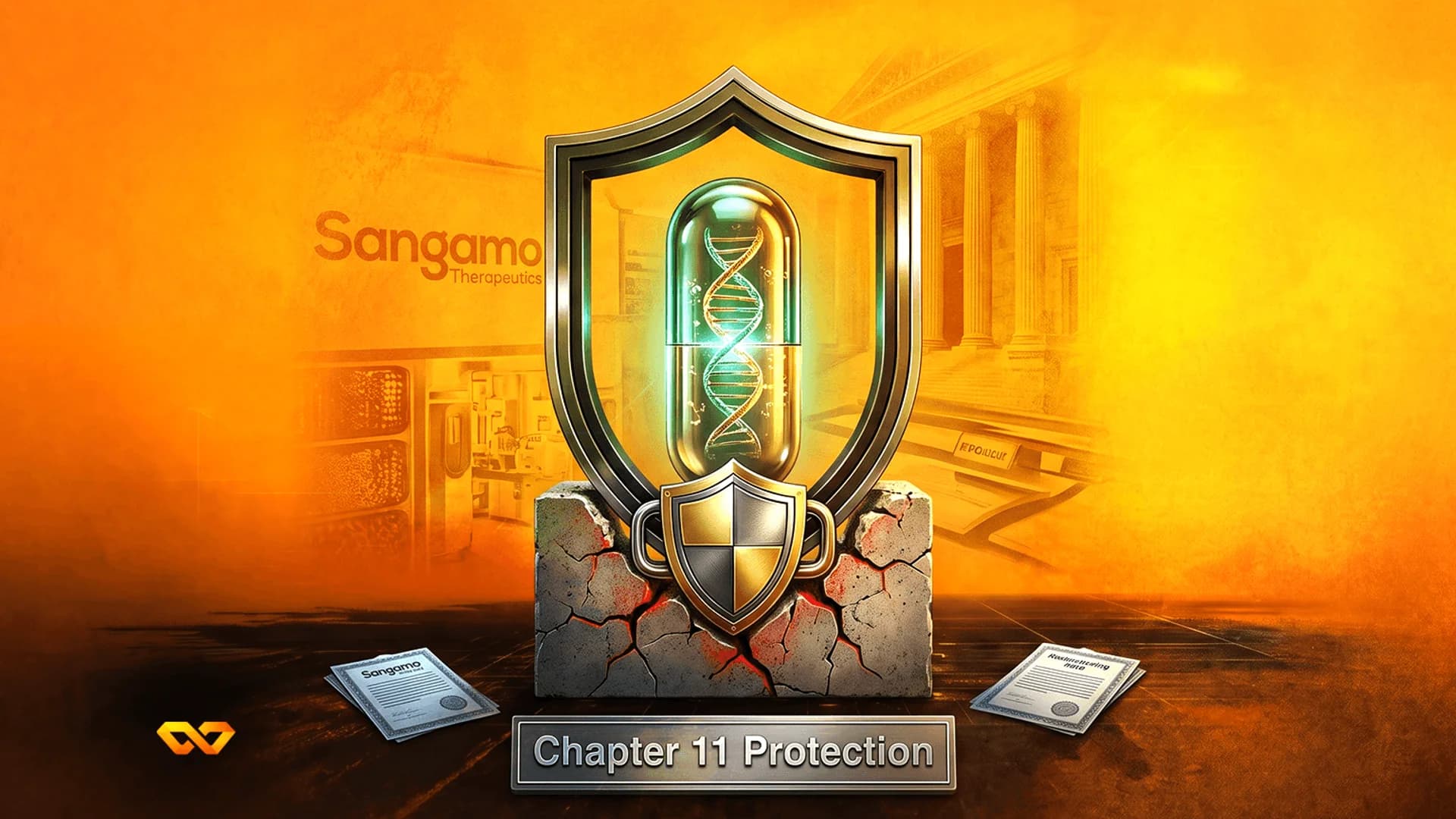 كبسولة حمض نووي داخل درع على قاعدة حجرية متصدعة مع نص 'Chapter 11 Protection' وشعار Sangamo Therapeutics.