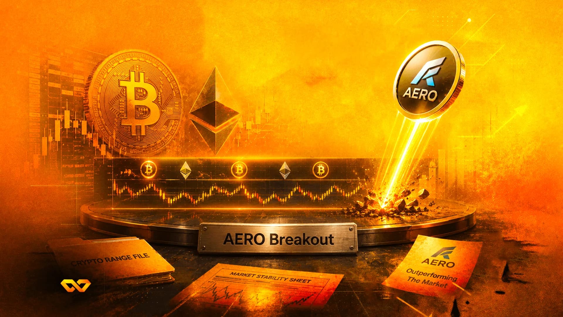عملة AERO تنطلق للأعلى من منصة مع شعارات بيتكوين وإيثيريوم في خلفية برتقالية.