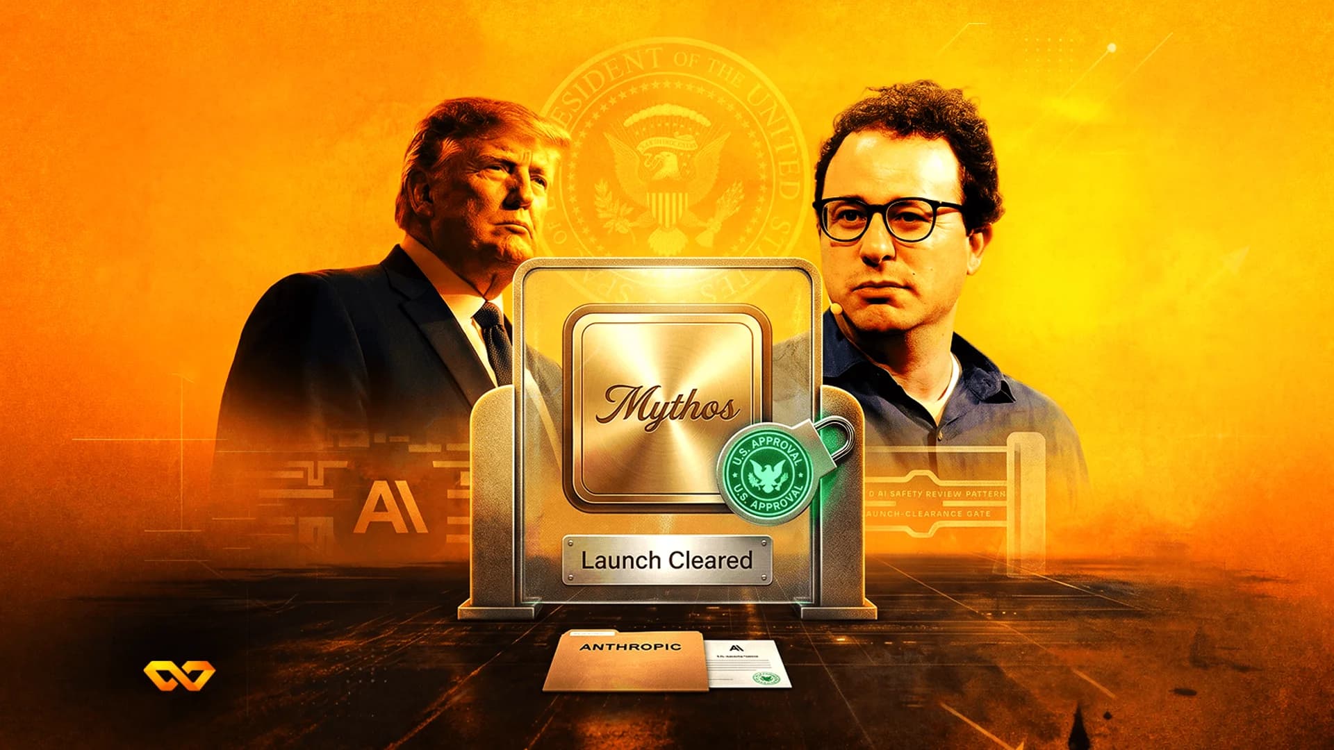 صور لدونالد ترامب وداريو أمودي يحيطان بلوحة 'Mythos' مع ختم موافقة أمريكي على خلفية برتقالية.