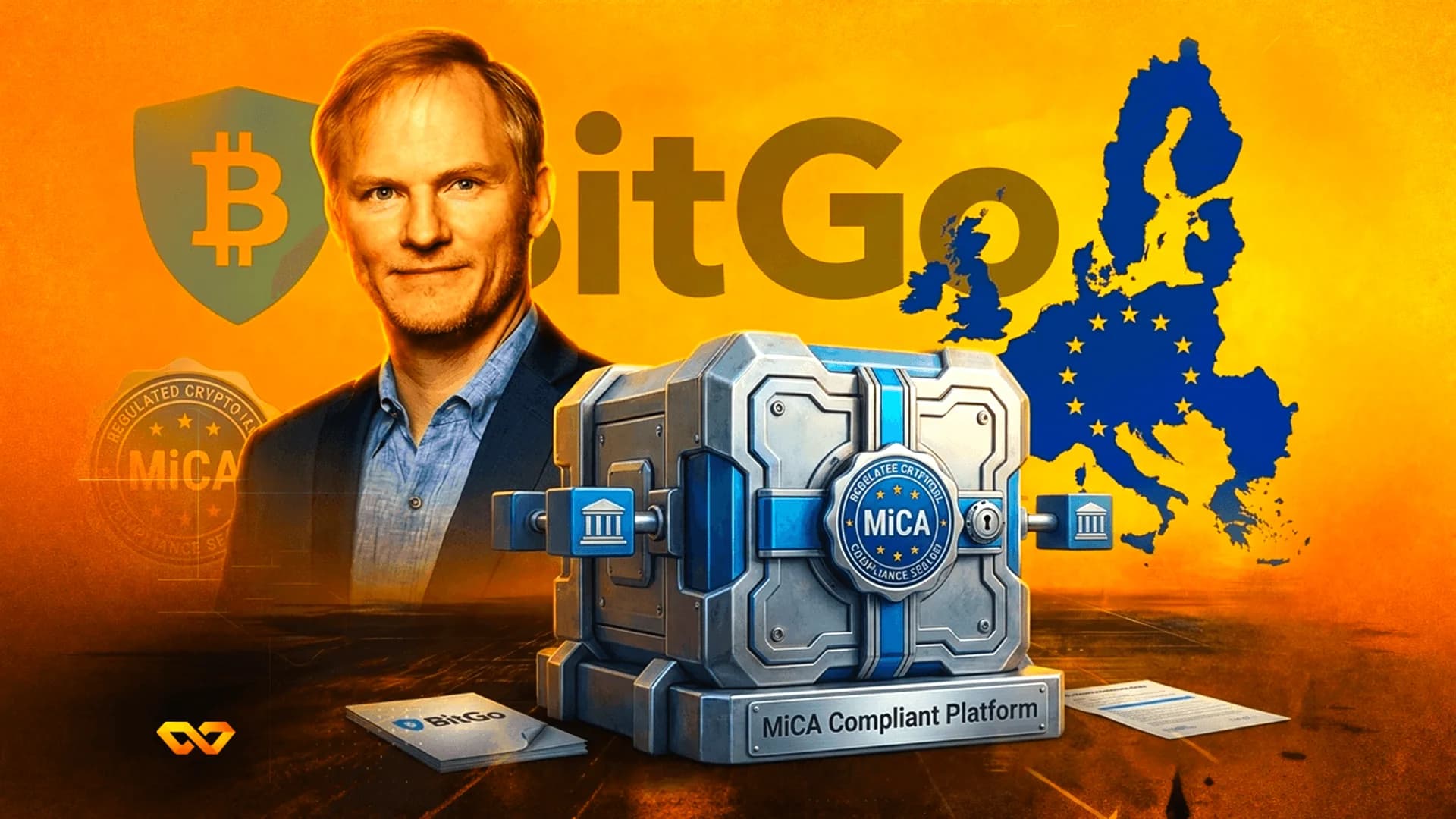 صورة لرجل، شعار BitGo، خريطة الاتحاد الأوروبي، وخزنة فضية مكتوب عليها منصة متوافقة مع MiCA على خلفية برتقالية.