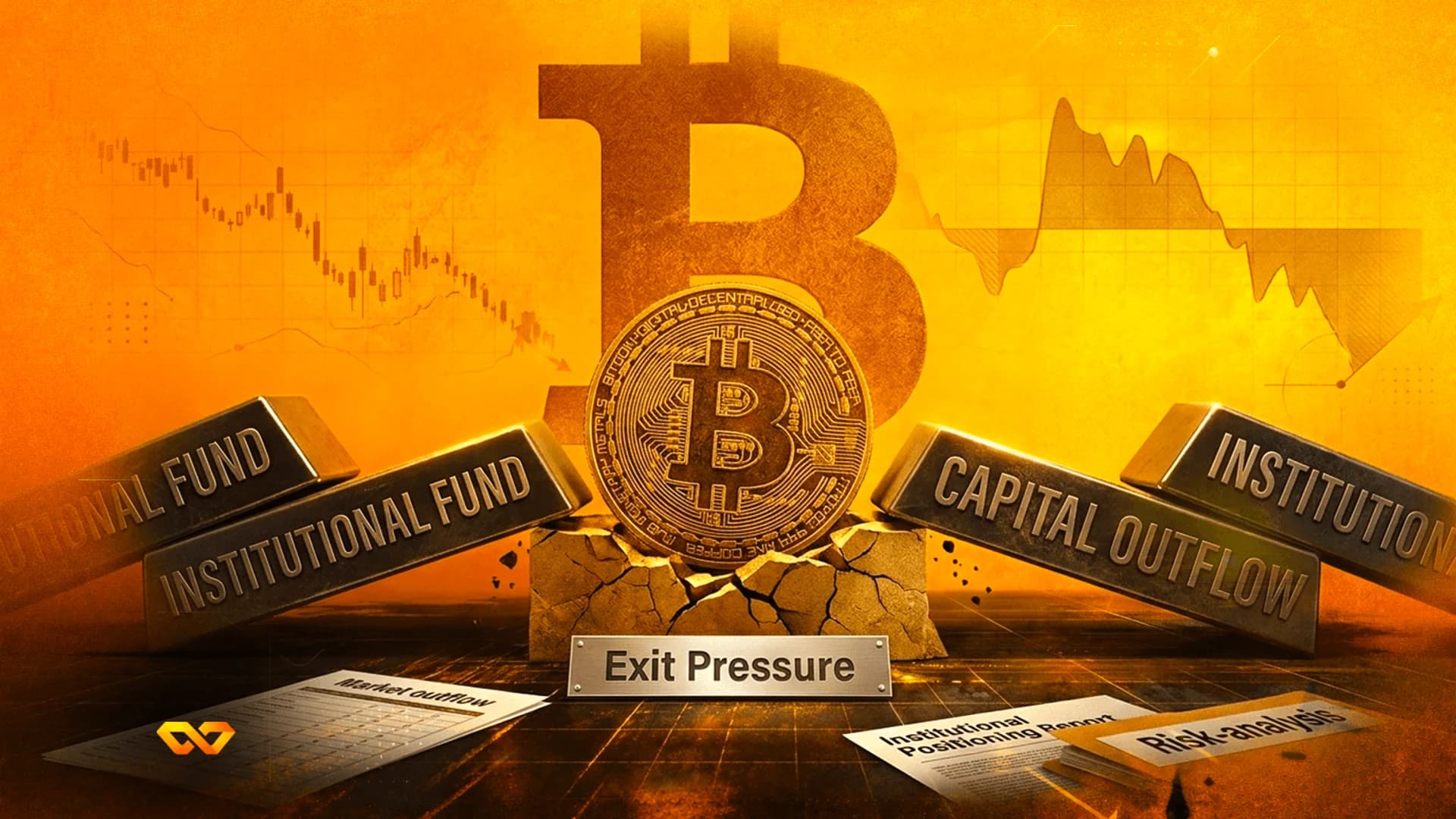 عملة بيتكوين على قاعدة متصدعة، محاطة بسبائك مكتوب عليها صناديق مؤسسية وتدفقات رأسمالية خارجة.