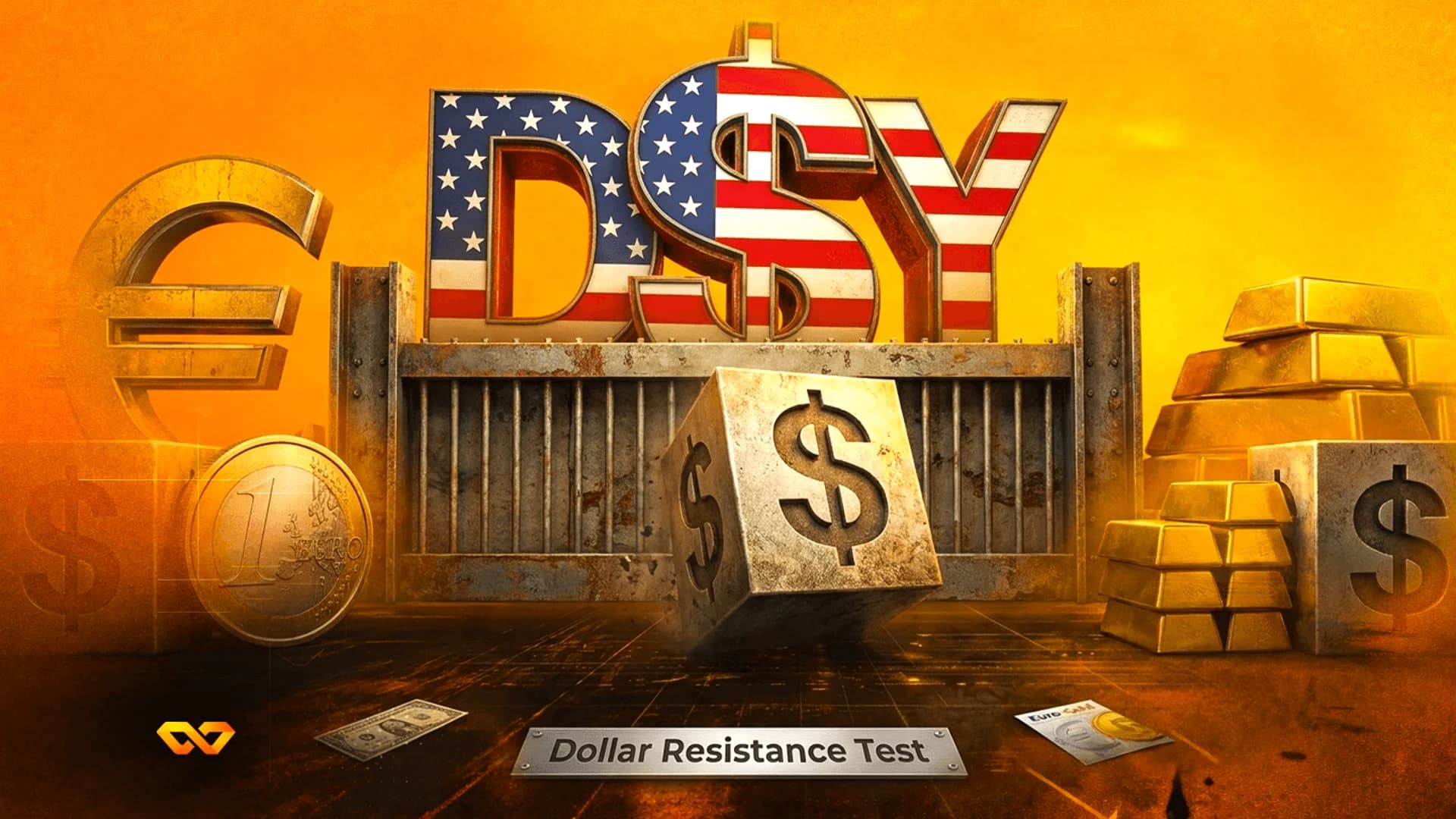 حروف DXY ثلاثية الأبعاد بنمط العلم الأمريكي، سبائك ذهب، ورمز اليورو على خلفية برتقالية.