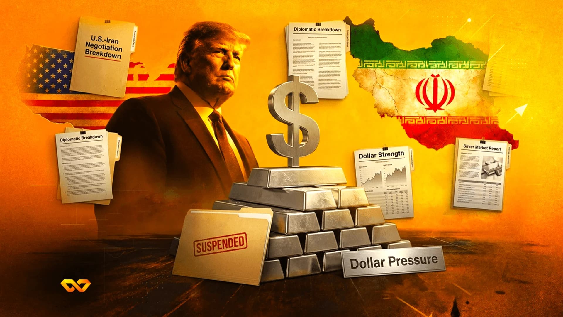 كولاج يضم دونالد ترامب، علمي الولايات المتحدة وإيران، سبائك فضة، علامة الدولار، ووثائق حول الانهيار الدبلوماسي.