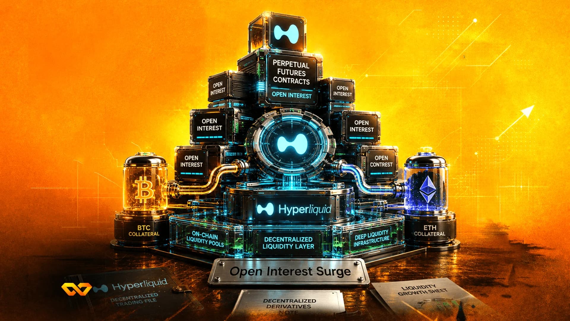 رسم توضيحي ثلاثي الأبعاد لمنصة Hyperliquid مع أسطوانات ضمانات بيتكوين وإيثيريوم على خلفية برتقالية.