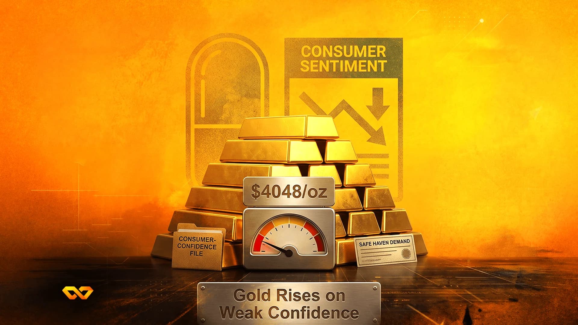 كومة من سبائك الذهب مع علامة سعر 4048 دولار ومقياس ونص حول ثقة المستهلك على خلفية برتقالية.