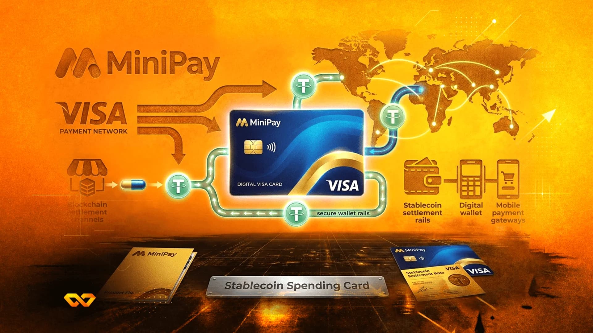 رسم بياني لبطاقة فيزا رقمية من MiniPay مع شعارات تيذر، وأسهم تدفق، وخريطة عالم على خلفية برتقالية.