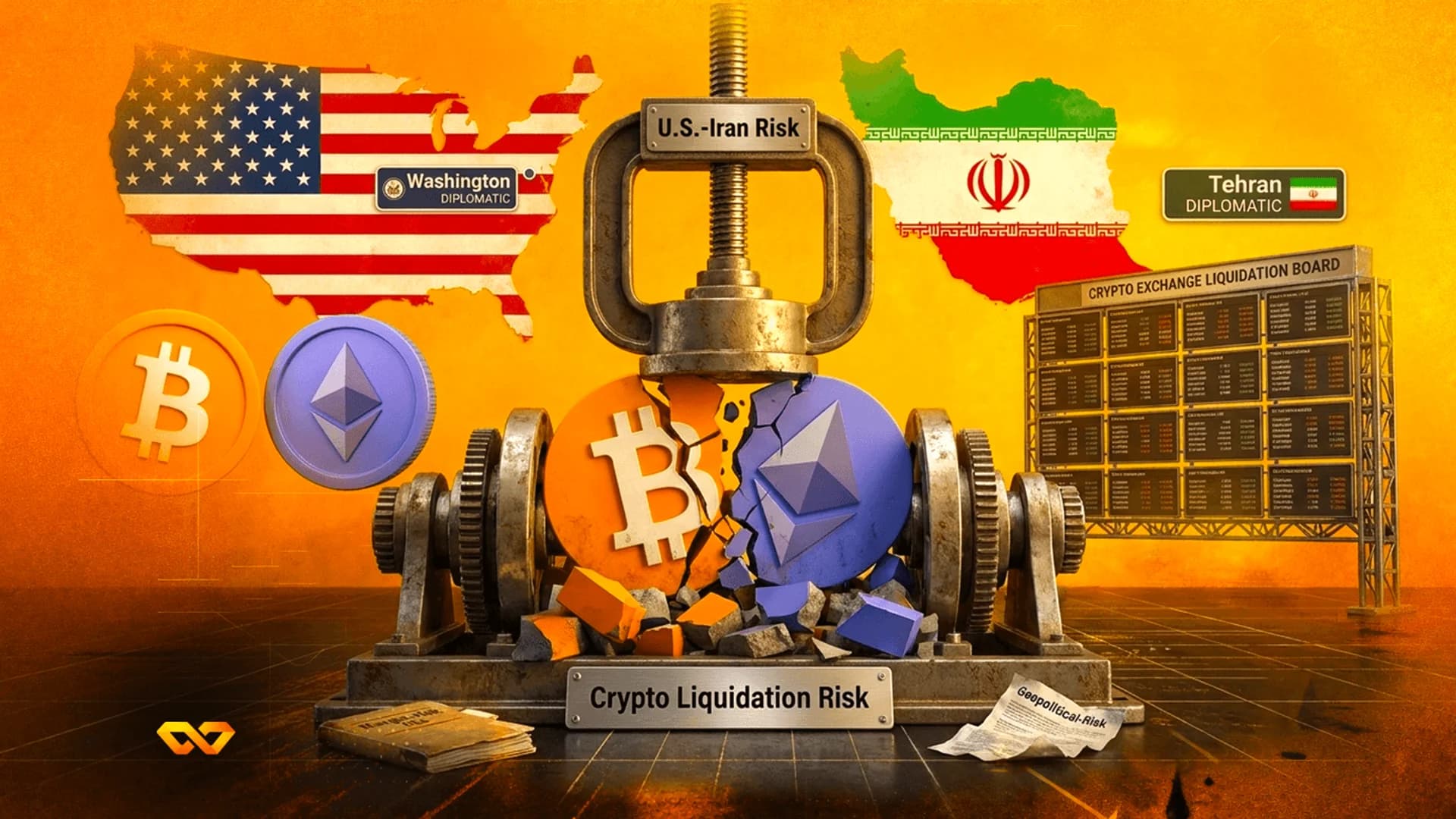 مكبس ميكانيكي يسحق عملات بيتكوين وإيثيريوم أمام خلفية تضم خريطتي الولايات المتحدة وإيران.