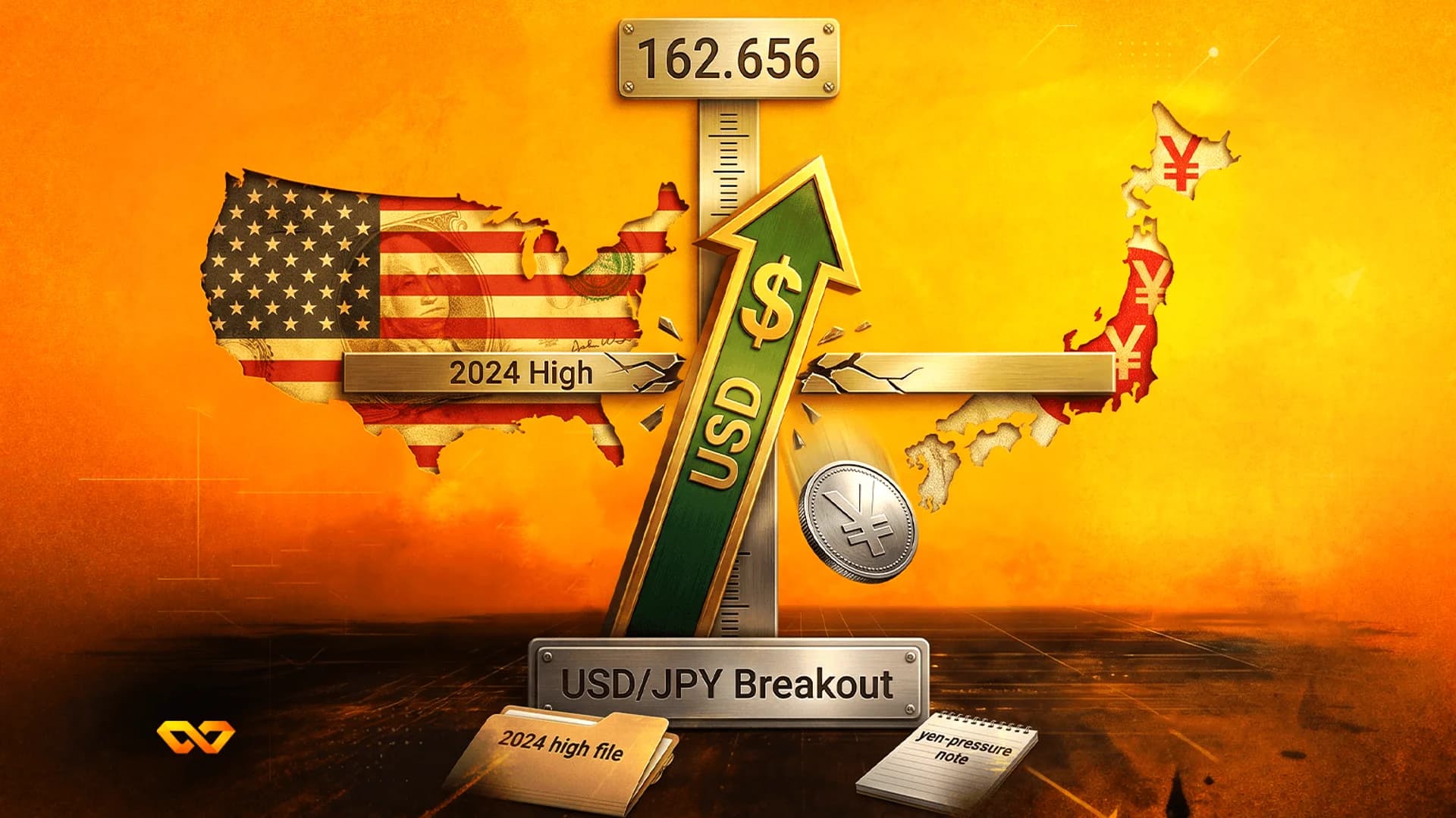 سهم دولار أخضر يكسر حاجزاً بين خريطتي الولايات المتحدة واليابان مع عملة ين ساقطة على خلفية برتقالية.
