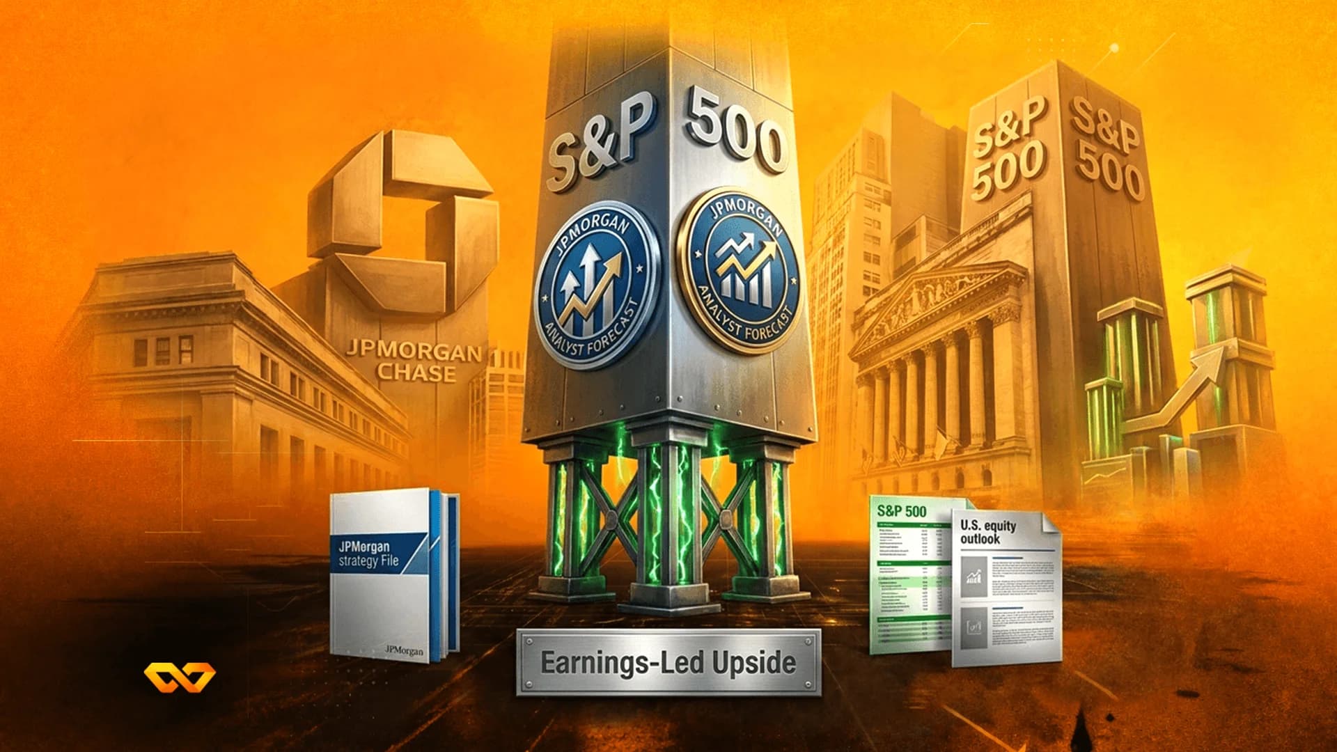 عمود مركزي يحمل شعارات S&P 500 وجي بي مورغان، ومبانٍ مالية، ووثائق توقعات السوق على خلفية برتقالية.