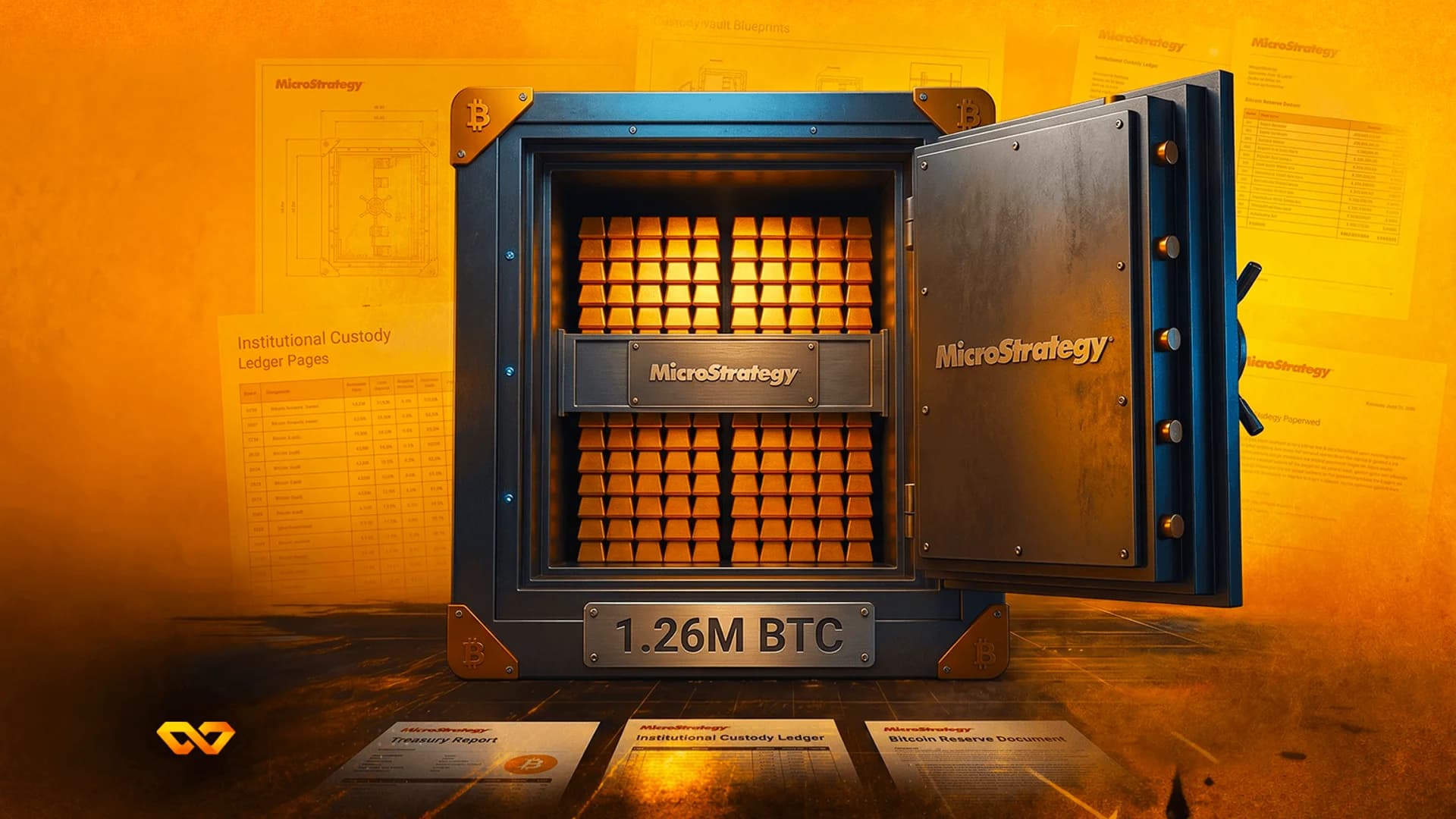 خزنة مفتوحة مليئة بسبائك الذهب، تحمل شعار MicroStrategy ونص 1.26M BTC، على خلفية برتقالية.