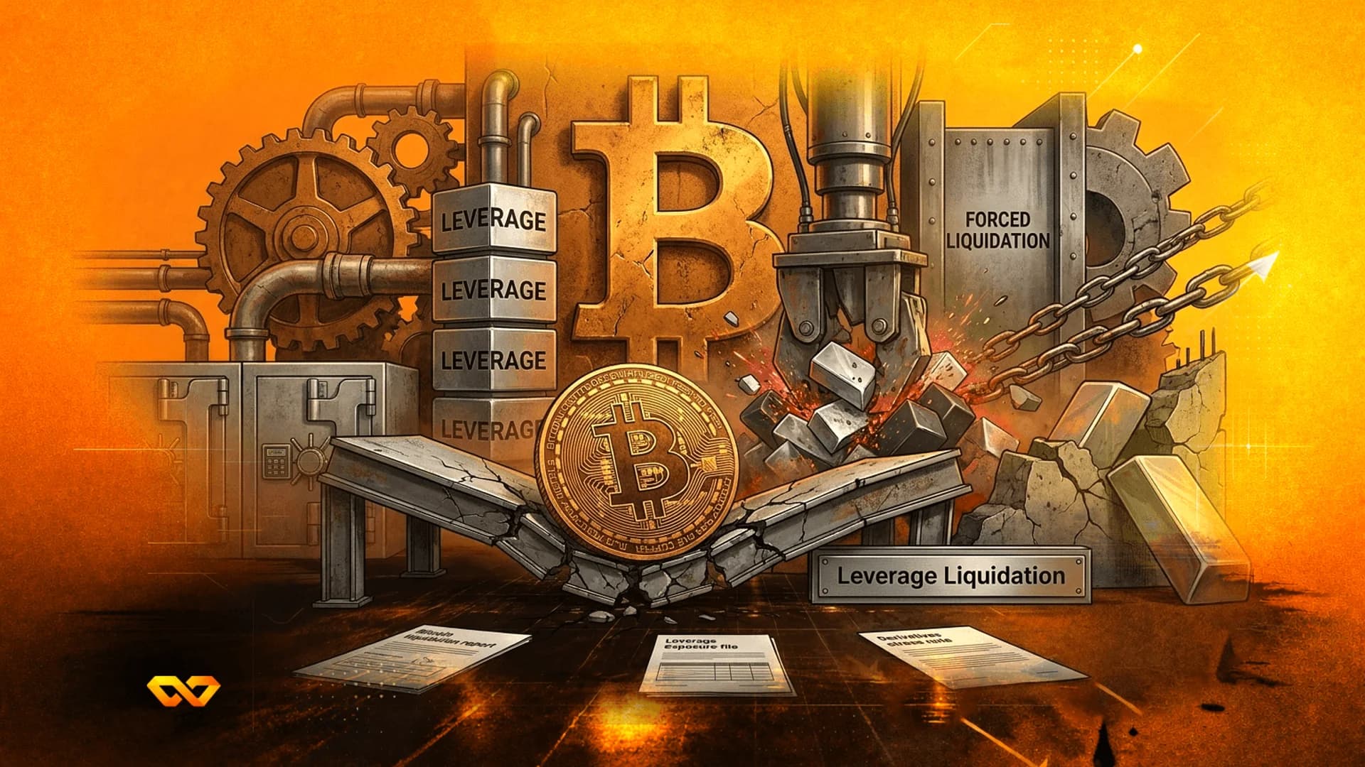 عملة بيتكوين على عارضة متصدعة وسط آلات صناعية وتروس ومكعبات مكتوب عليها الرافعة المالية.