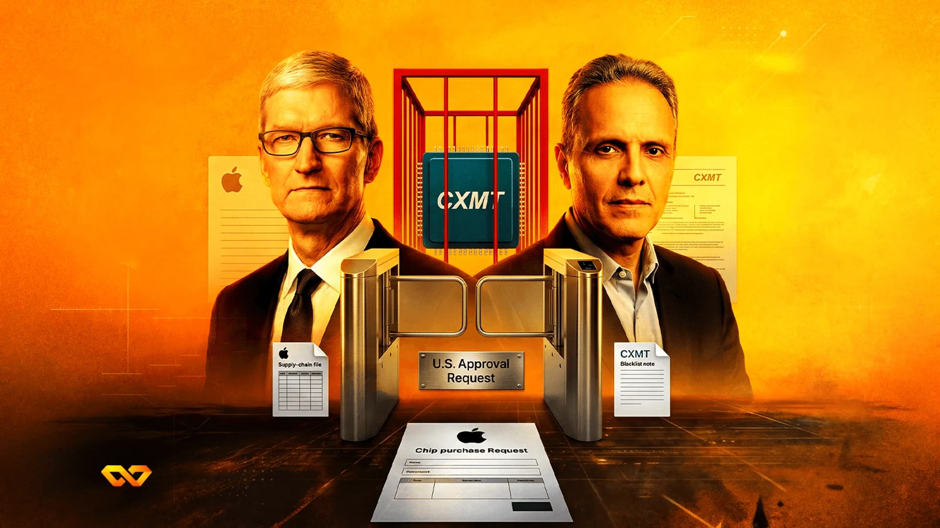 كولاج لتيم كوك ومسؤول تنفيذي يحيطان بشريحة CXMT داخل قفص مع وثائق موافقة أمريكية على خلفية برتقالية.