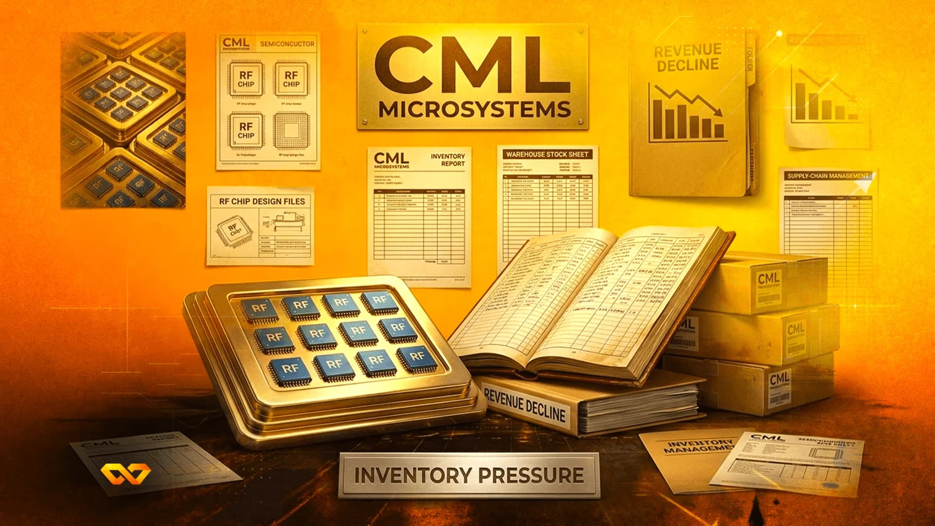 مجموعة من رقائق أشباه الموصلات، ودفاتر حسابات، ومستندات تحمل نص 'CML Microsystems' و'Revenue Decline'.