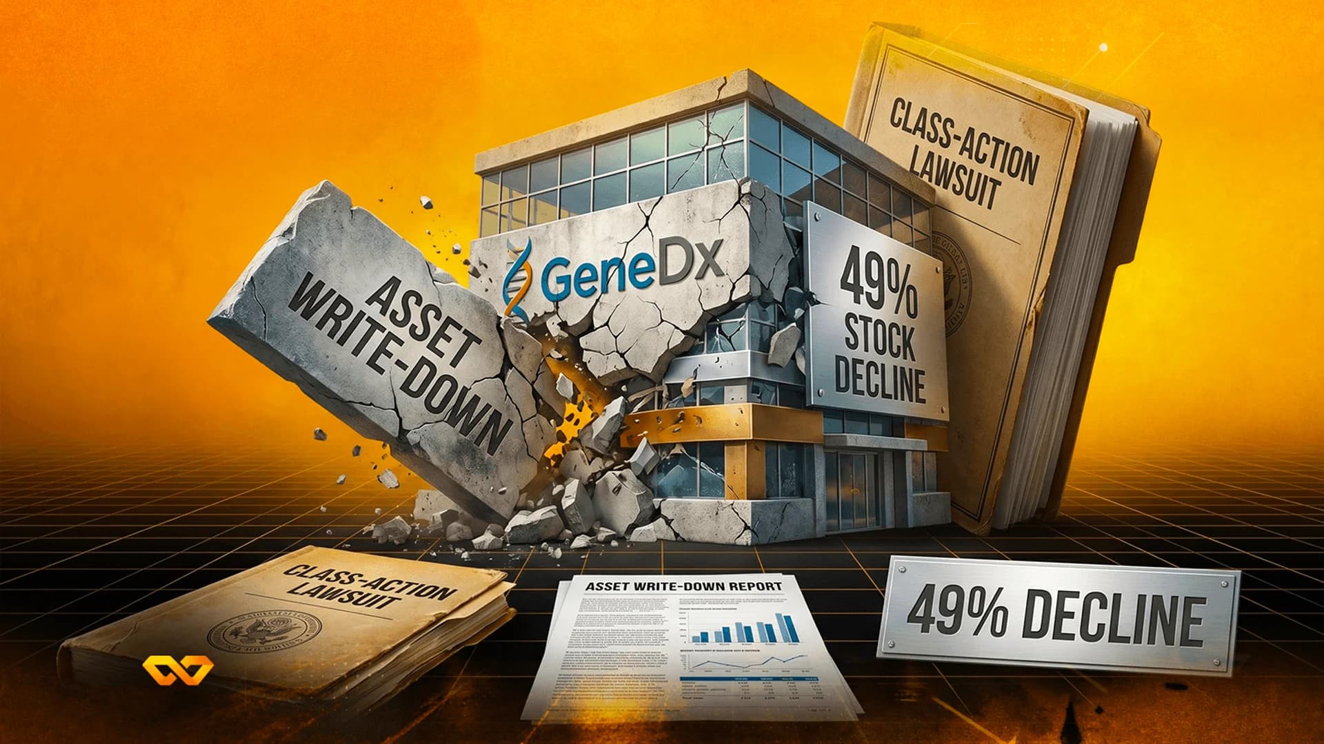 رسم توضيحي ثلاثي الأبعاد لمبنى GeneDx ينهار تحت لوح حجري مكتوب عليه خفض قيمة الأصول، مع وثائق دعوى قضائية.