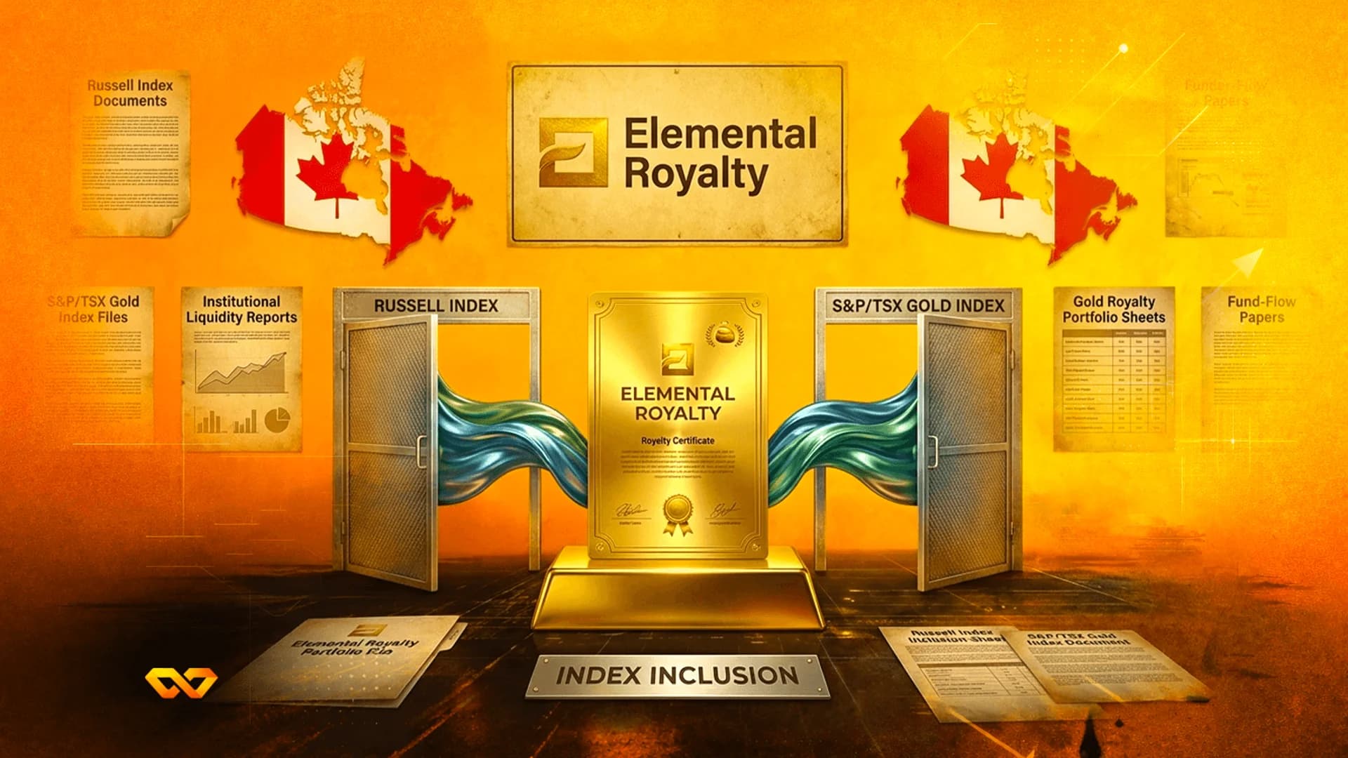 رسم توضيحي ذهبي لشركة Elemental Royalty يظهر وثائق إدراج المؤشرات وخرائط كندا وأبواب المؤشرات المفتوحة.