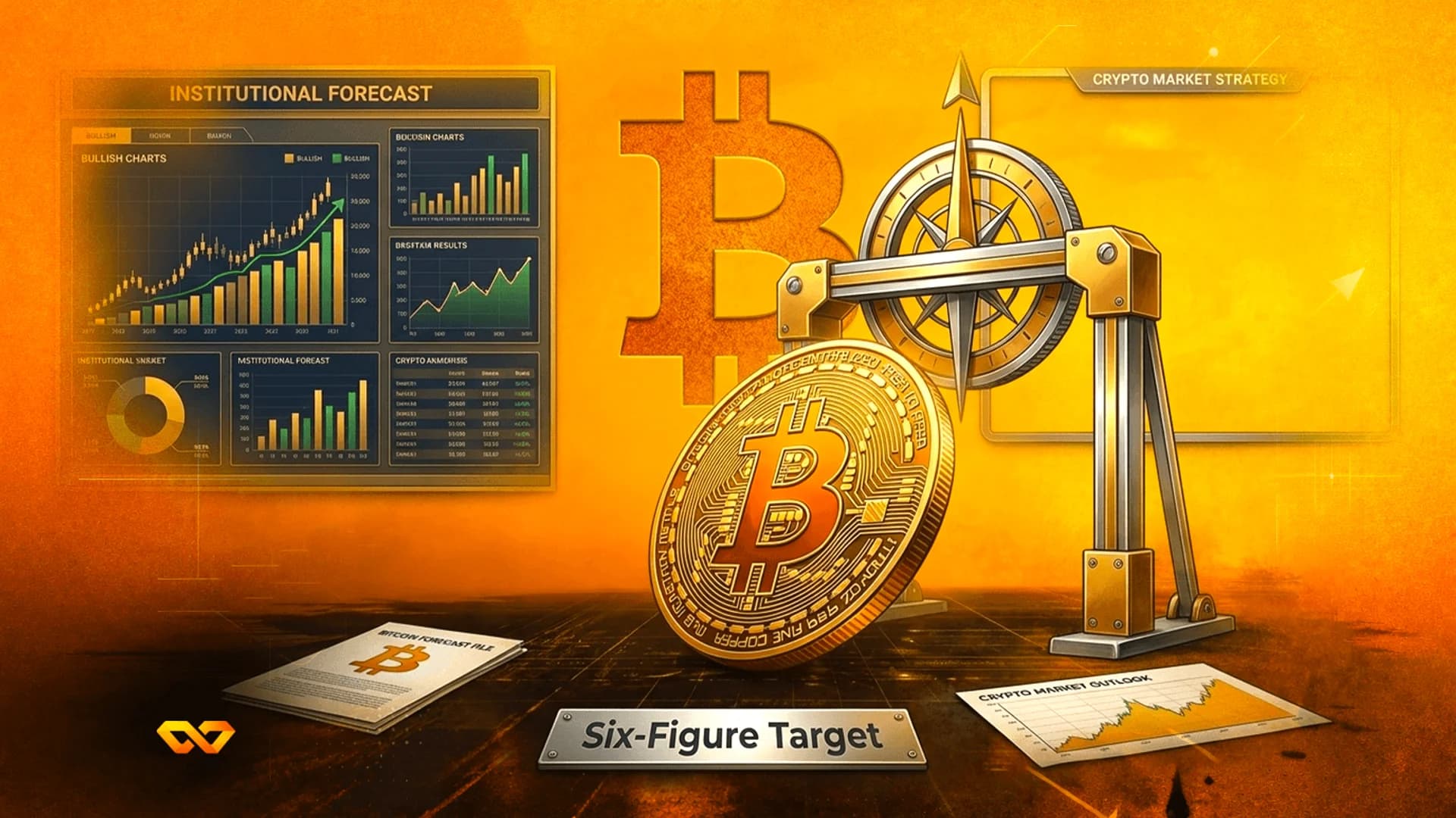 عملة بيتكوين وشعارها مع رسوم بيانية مالية، وبوصلة ذهبية، ولوحة مكتوب عليها هدف من ستة أرقام.