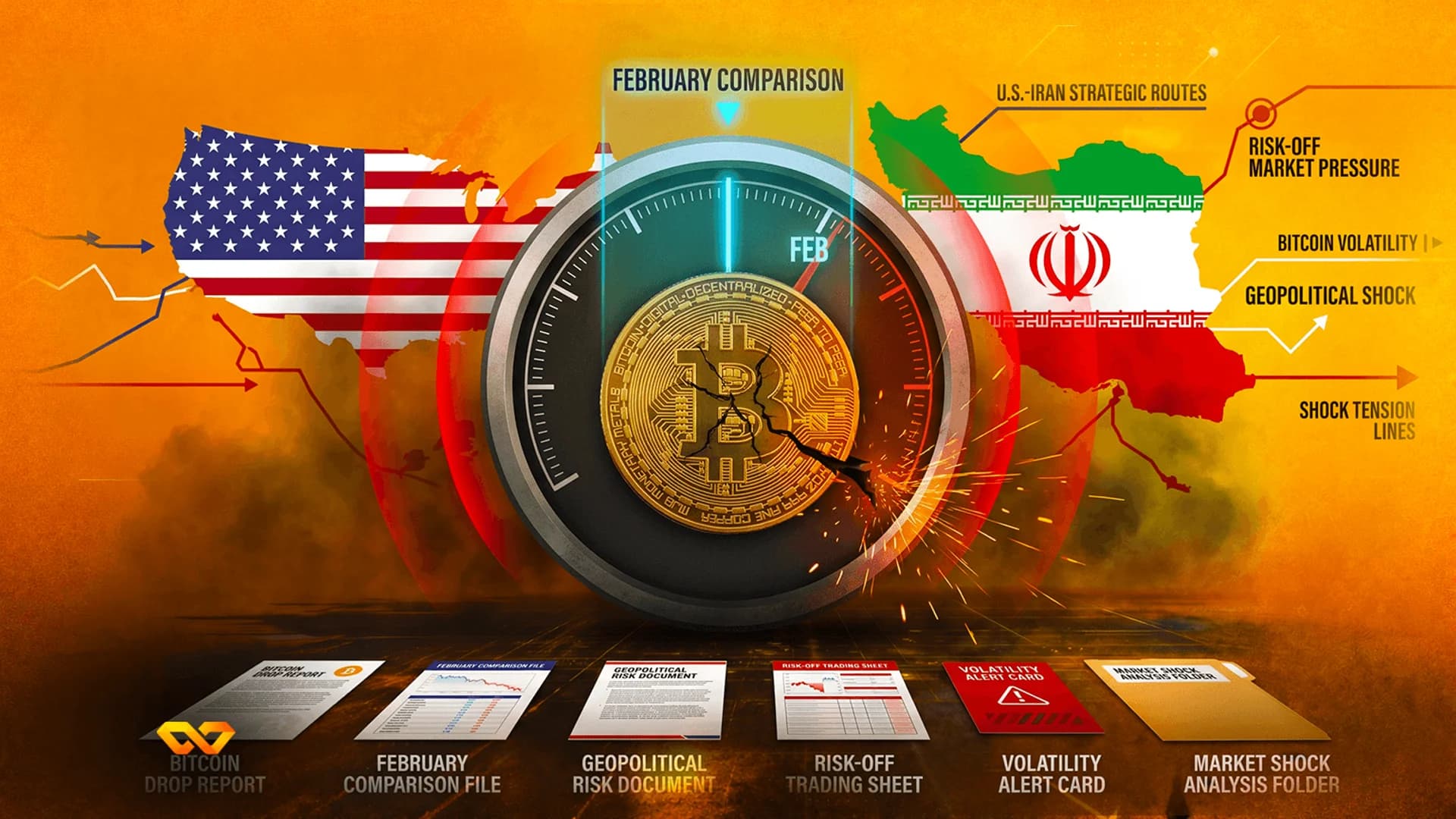 عملة بيتكوين متصدعة داخل مقياس، يحيط بها علما الولايات المتحدة وإيران على خلفية خريطة.
