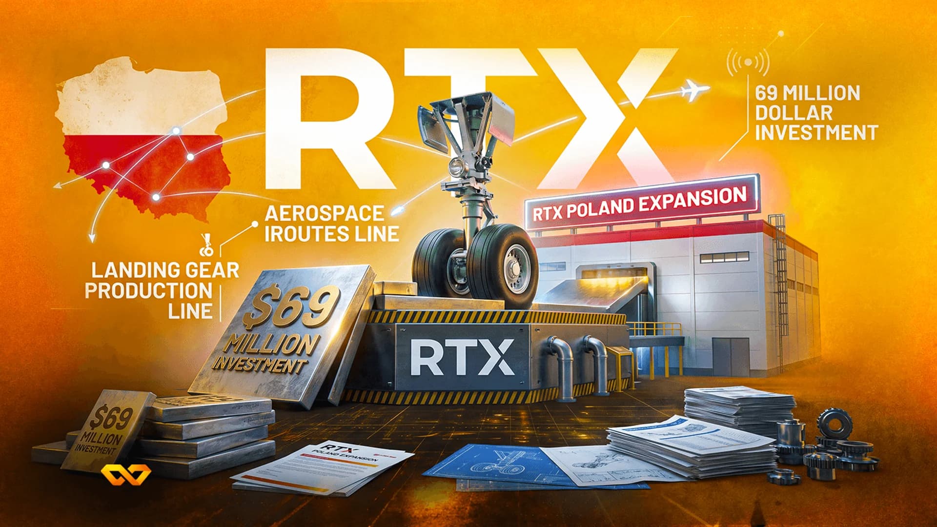 رسم بياني يظهر شعار RTX، ومعدات هبوط الطائرات، ومبنى مصنع، وخريطة بولندا على خلفية برتقالية.