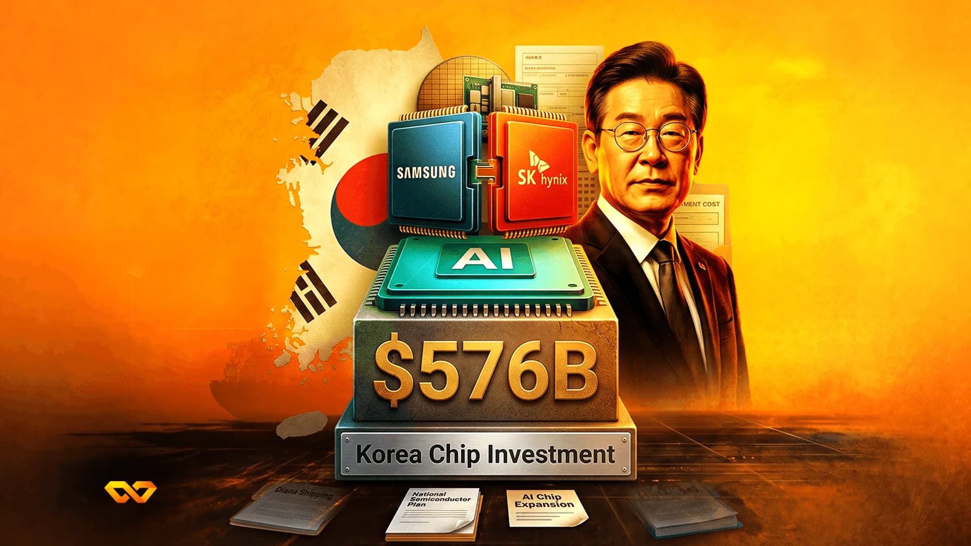 كولاج يضم رجلاً ببدلة، شعاري سامسونج وSK hynix، ومنصة بقيمة 576 مليار دولار، وعلم كوريا الجنوبية.
