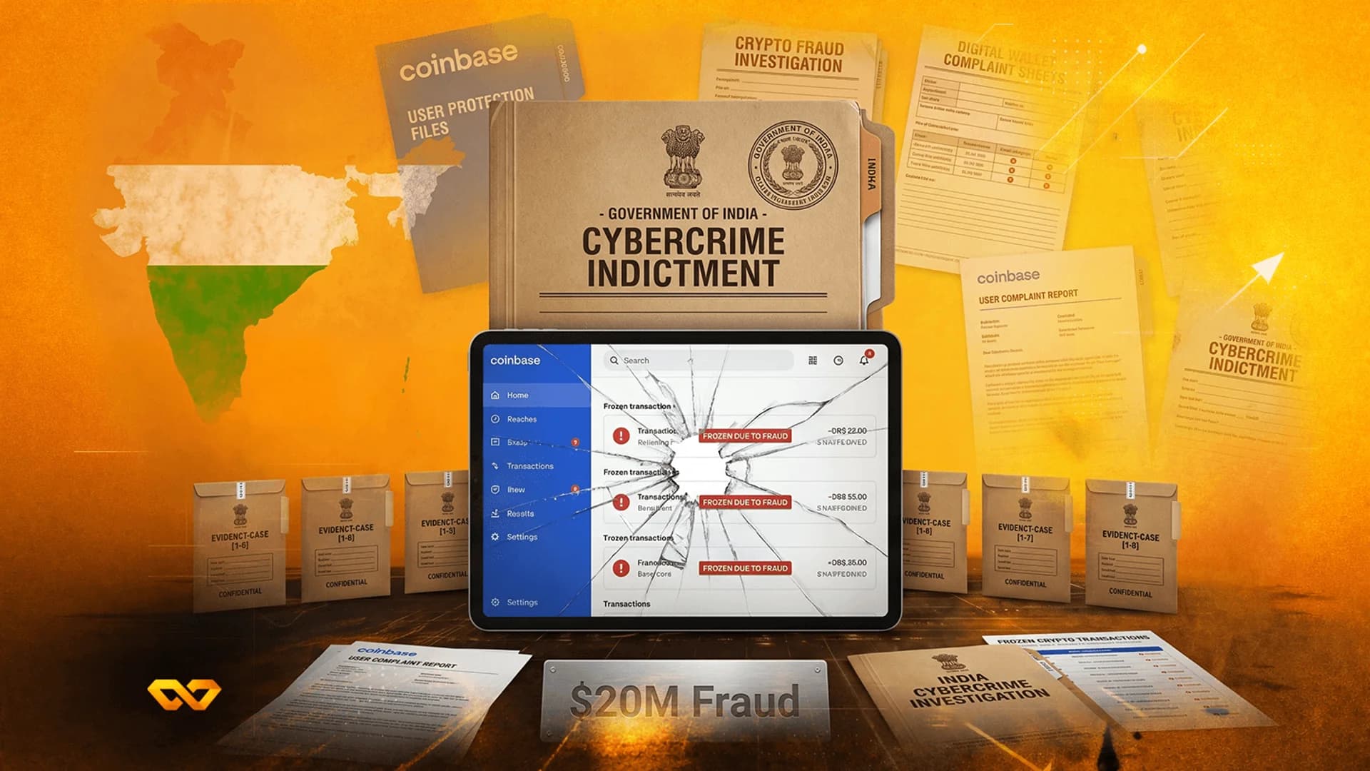 جهاز لوحي مكسور يعرض معاملات كوين بيس مجمدة بجانب ملفات اتهام بجرائم إلكترونية من الحكومة الهندية.