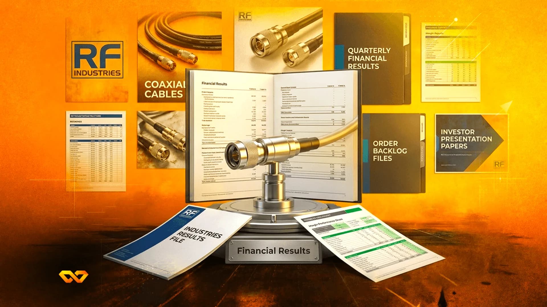 ملصق لمستندات شركة RF Industries، وكابلات محورية، وتقارير مالية على خلفية برتقالية.
