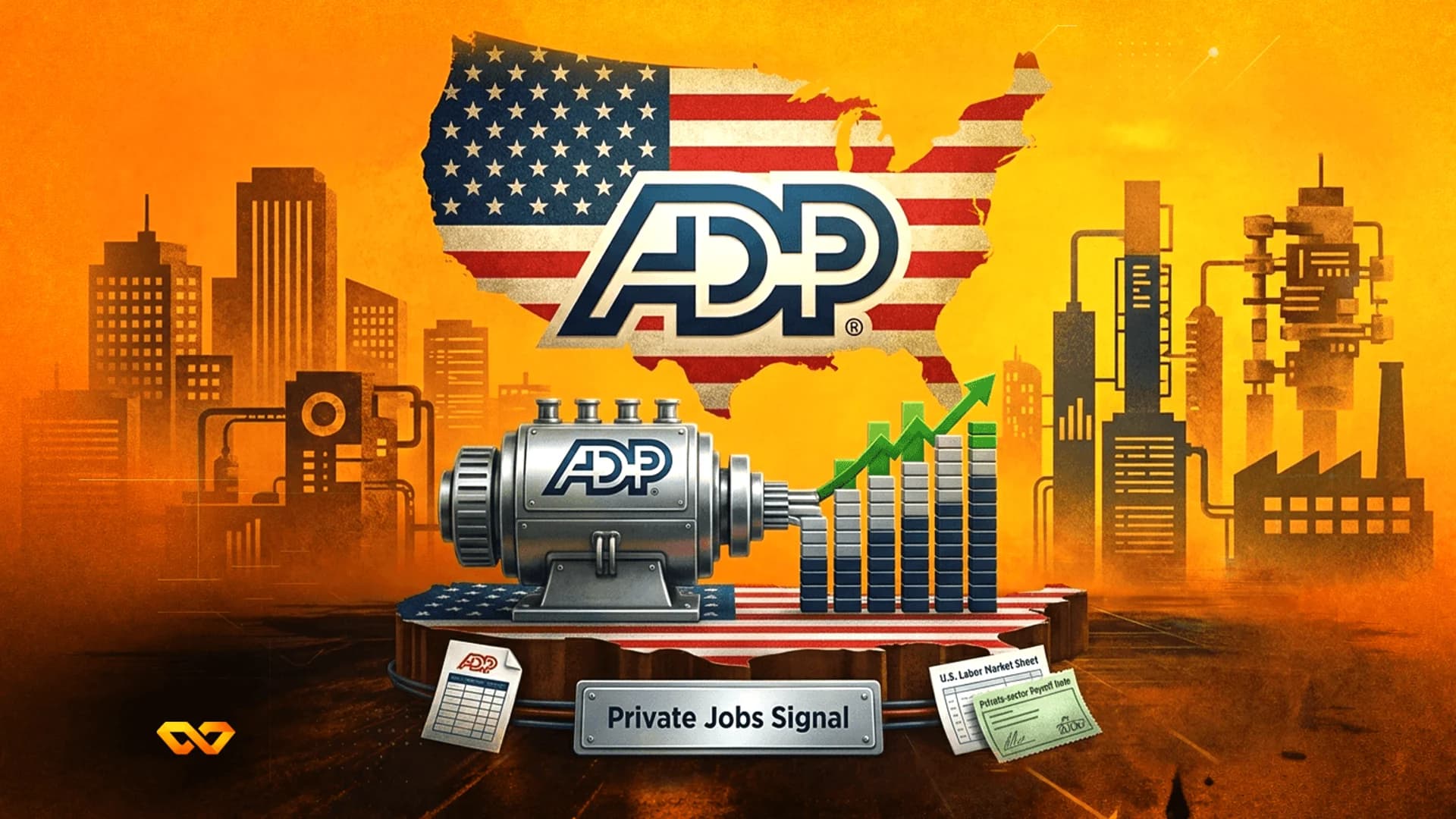 شعار ADP فوق خريطة الولايات المتحدة مع رسم بياني صاعد وماكينة صناعية وخلفية لمدينة باللون البرتقالي.