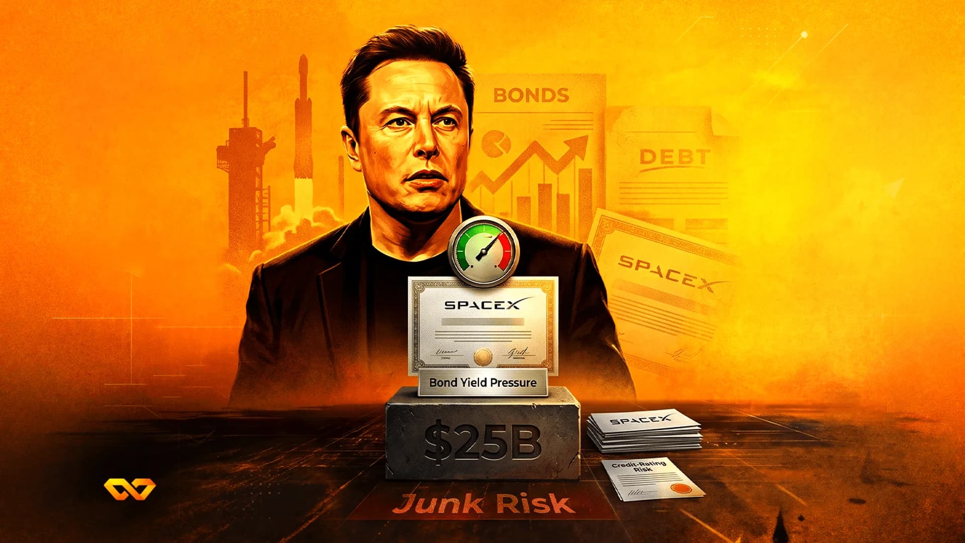 رسم توضيحي لإيلون ماسك مع شهادات سندات سبيس إكس، وكتلة حجرية بقيمة 25 مليار دولار، وملصقات مخاطر مالية.