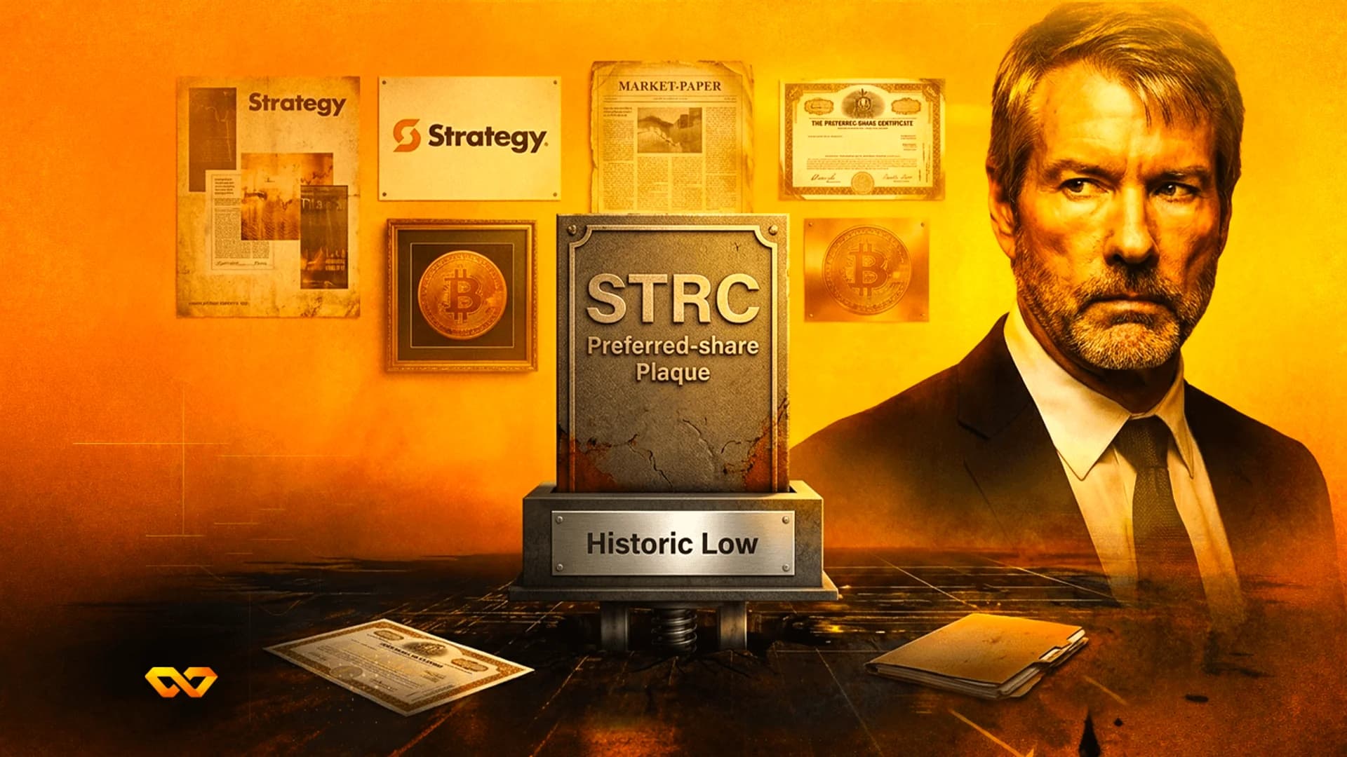 صورة لرجل بجانب لوحة مكتوب عليها STRC وشعارات بيتكوين على خلفية برتقالية.